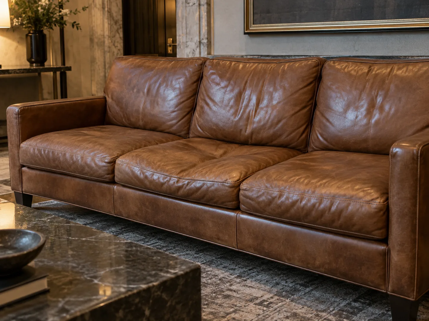 Leather sofa with sagging seats