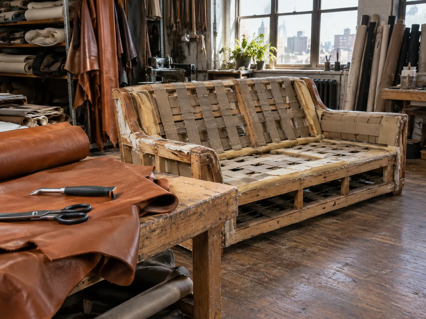 A lobby sofa stripped for full leather reupholstery in the workshop