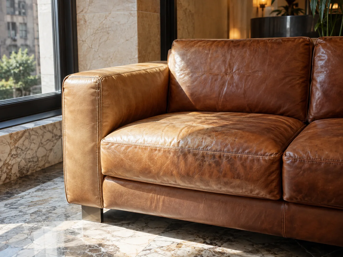 Sun fading on the window side of a leather lobby sofa