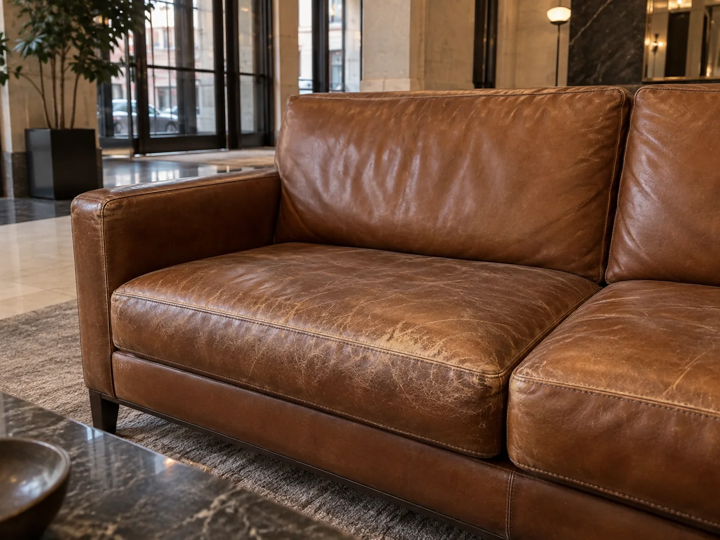A worn, scuffed leather lobby sofa before restoration