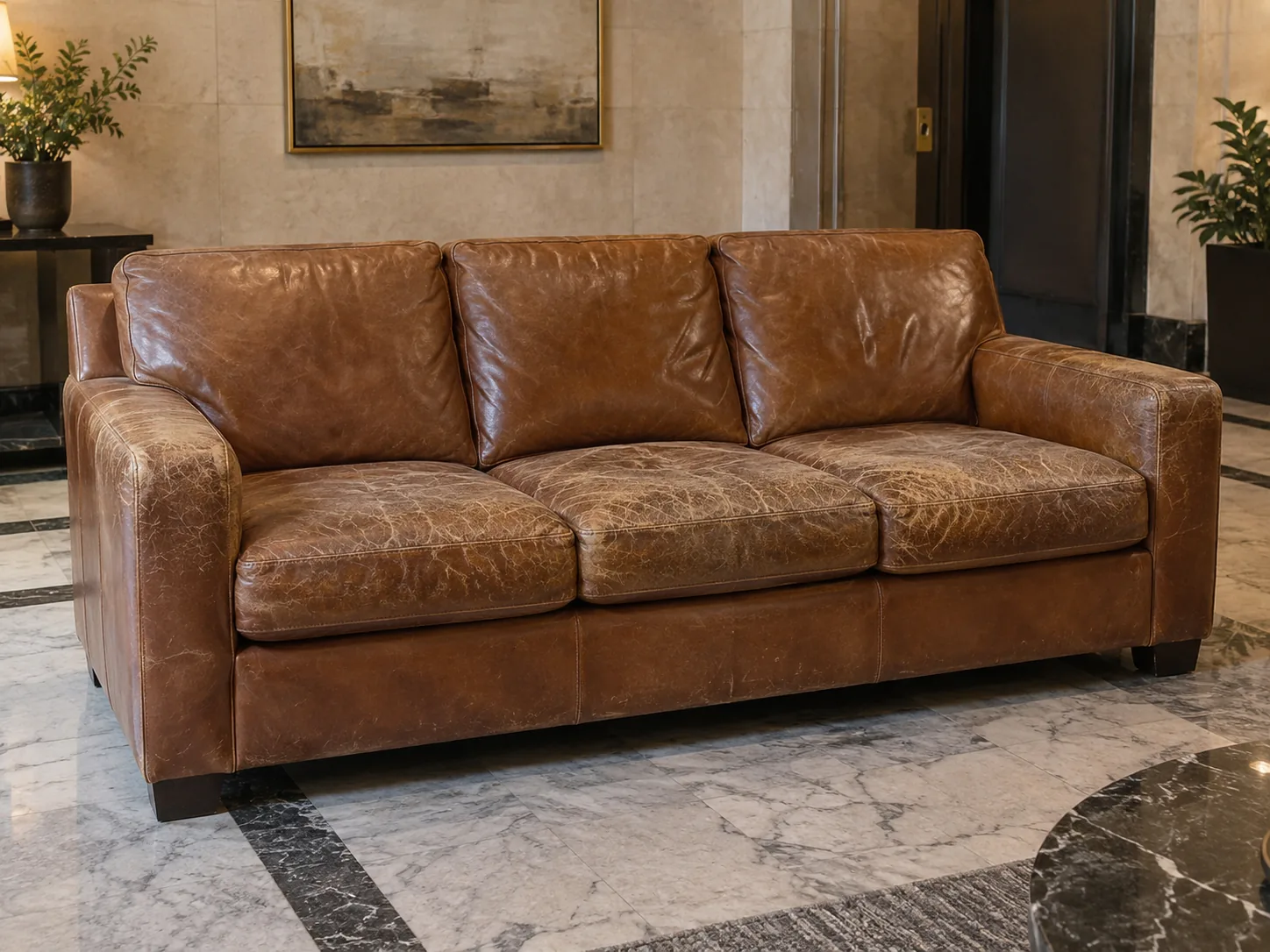 A lobby sofa before leather reupholstery