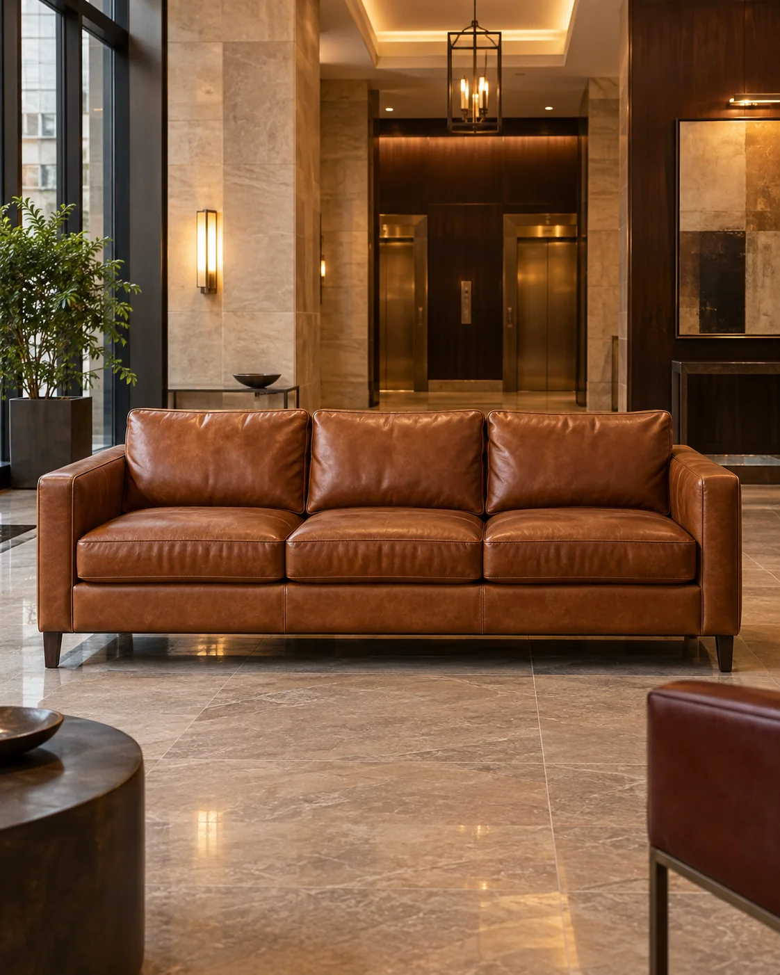 A leather sofa in a building lobby