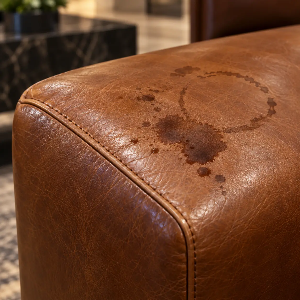 A dark stain on tan lobby leather