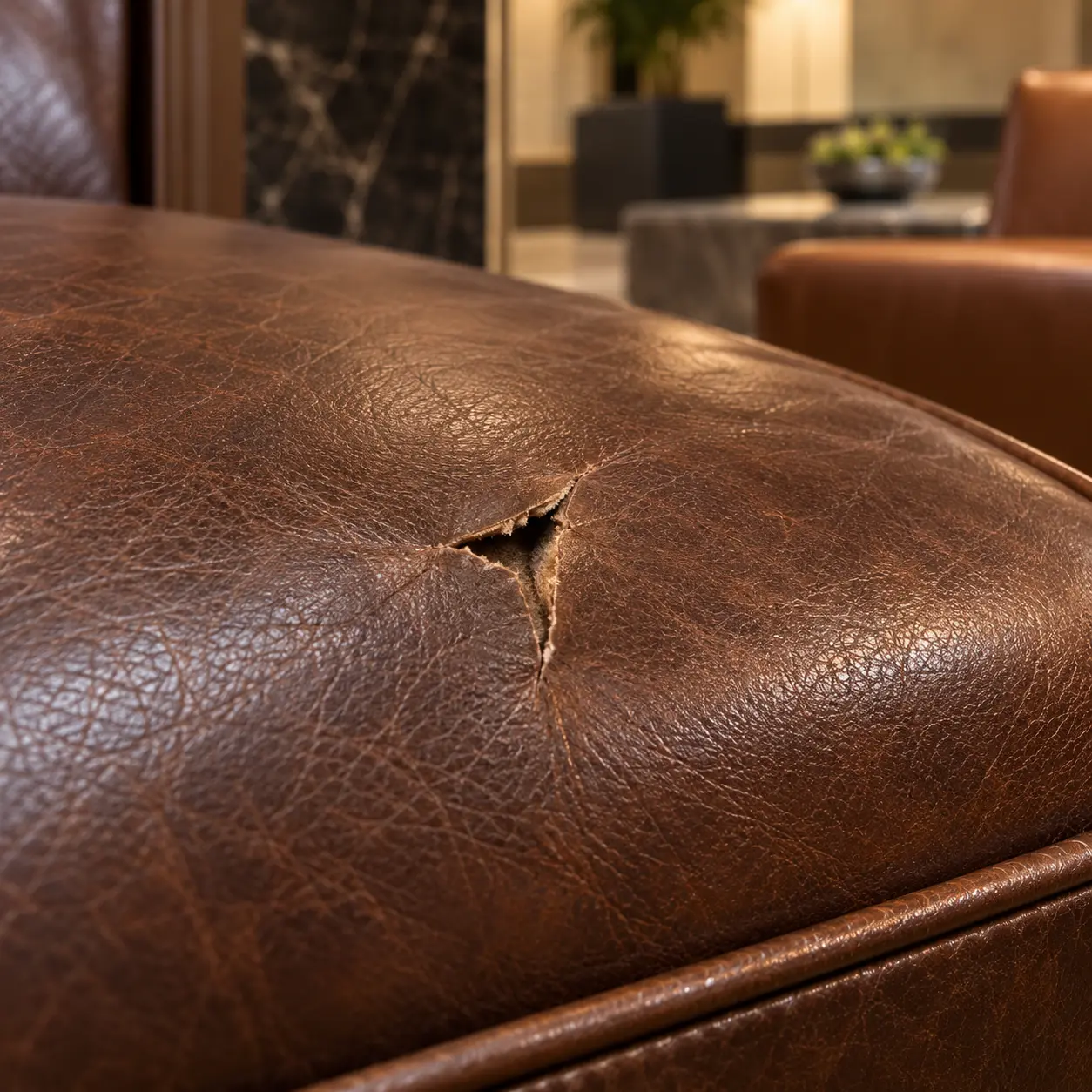 A tear in the leather of a lobby seat cushion