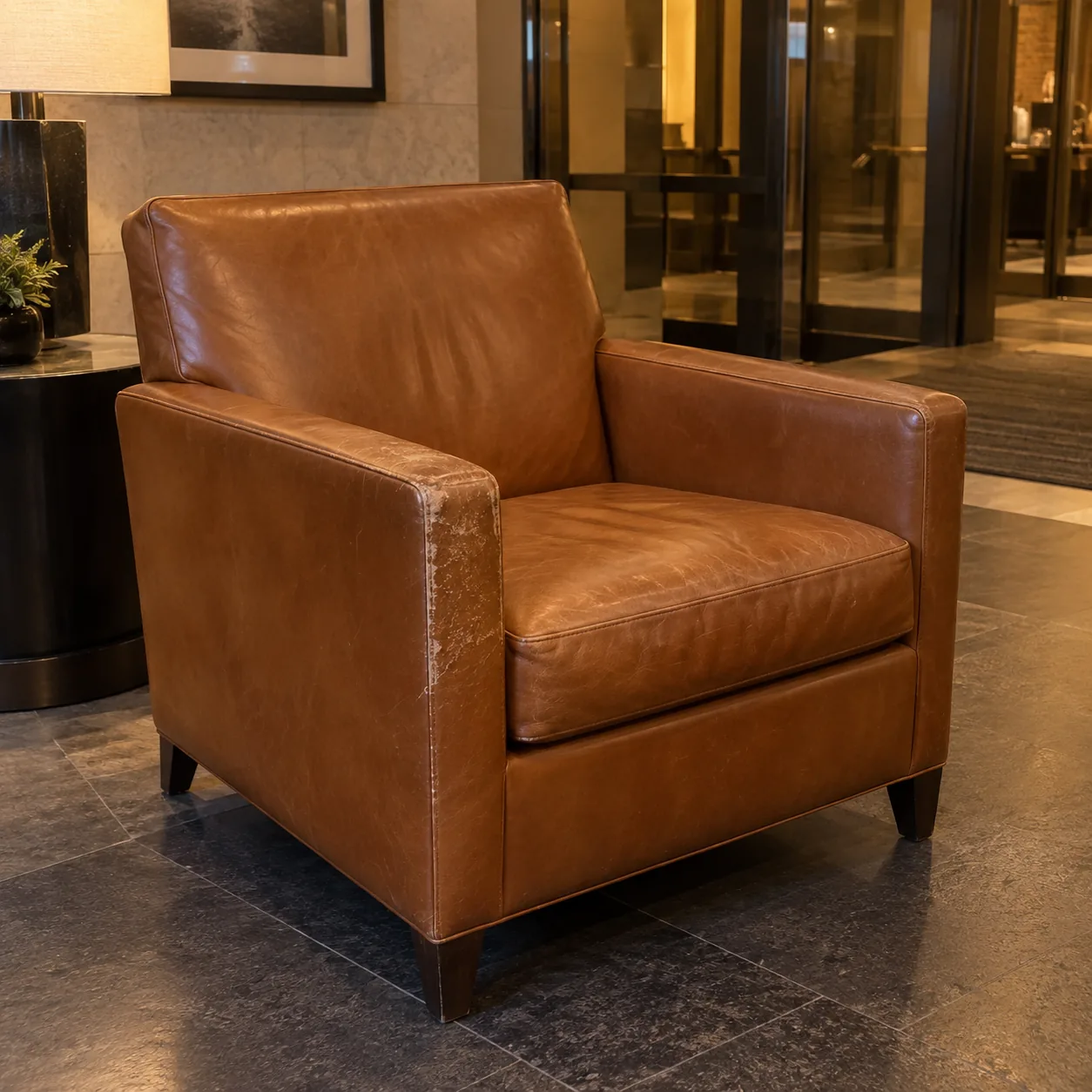 The same cognac lounge chair arm scuffed before repair