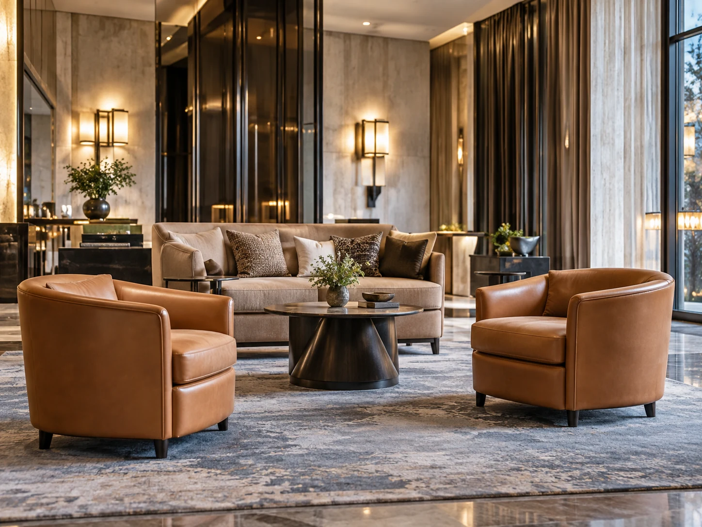 Tan leather tub chairs around a low round table in a lobby lounge