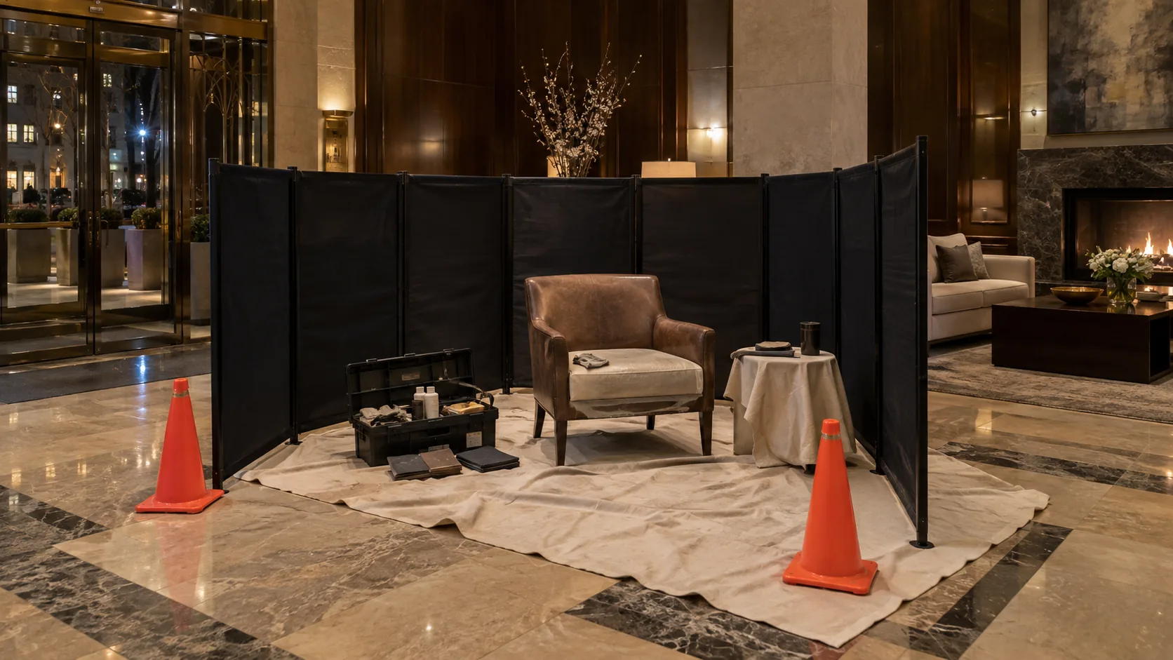 A screened-off restoration work area in a building lobby at night with drop cloths and cones