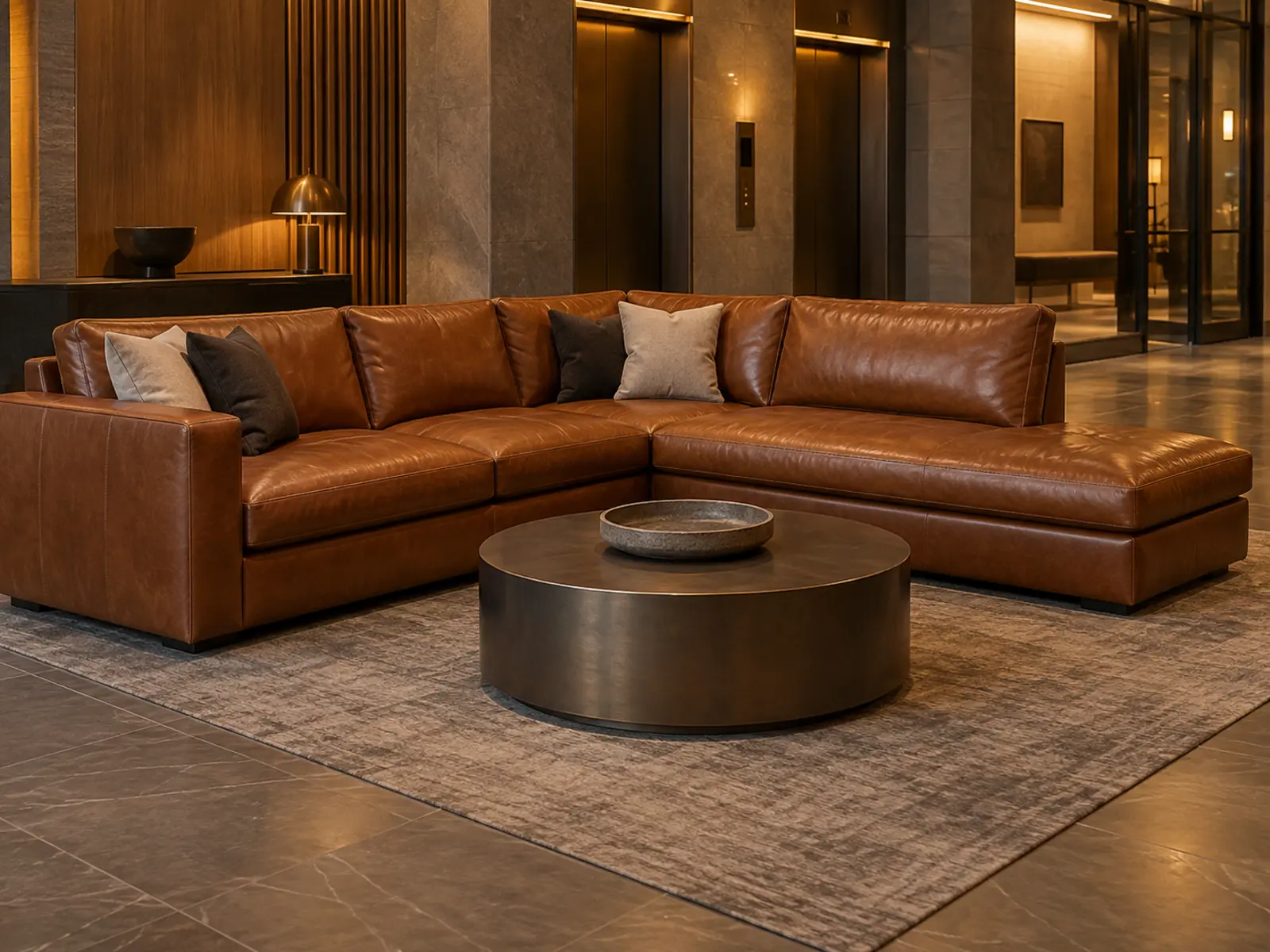 A cognac leather sectional in a lobby after color restoration