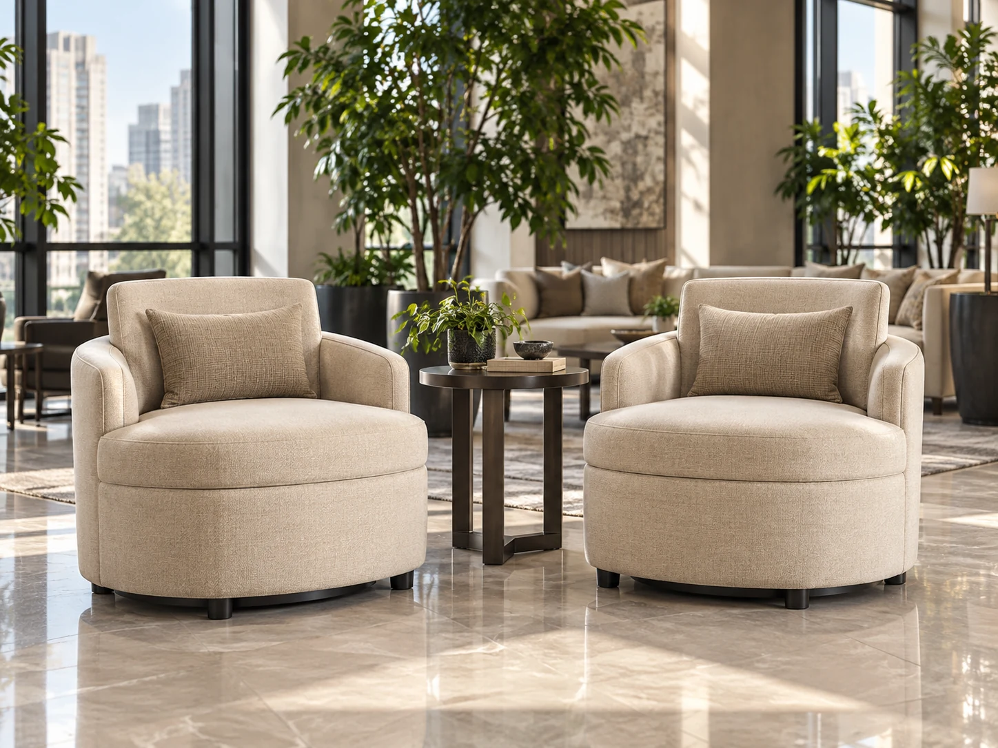 Cream woven fabric tub chairs in a lobby seating group between tall planters