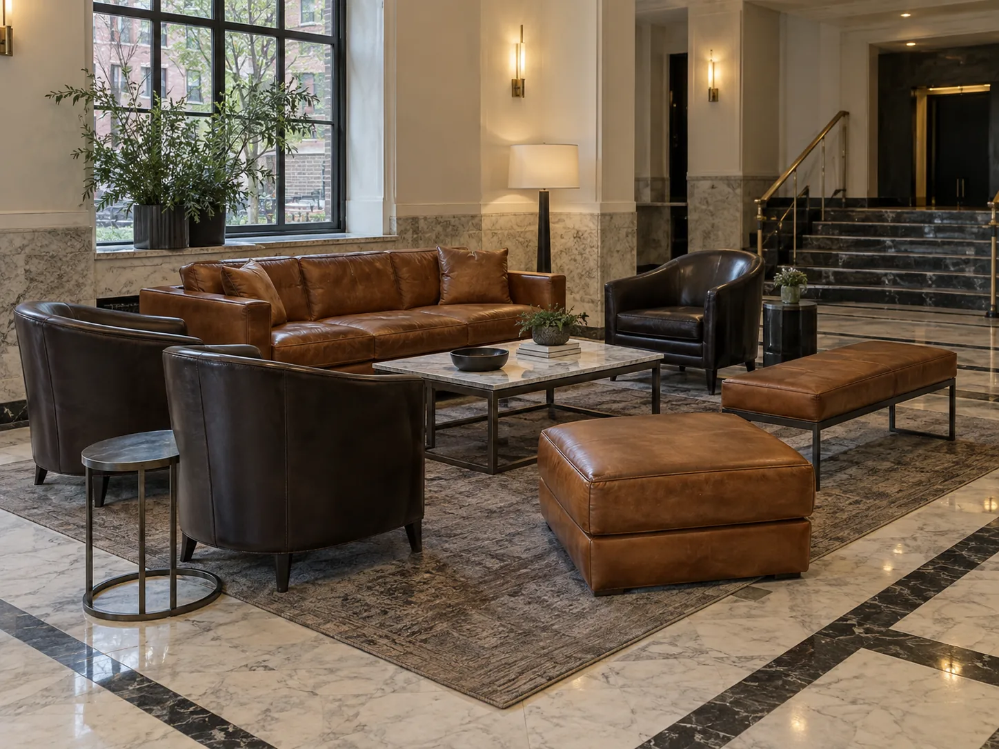 A lobby seating group with matched leather