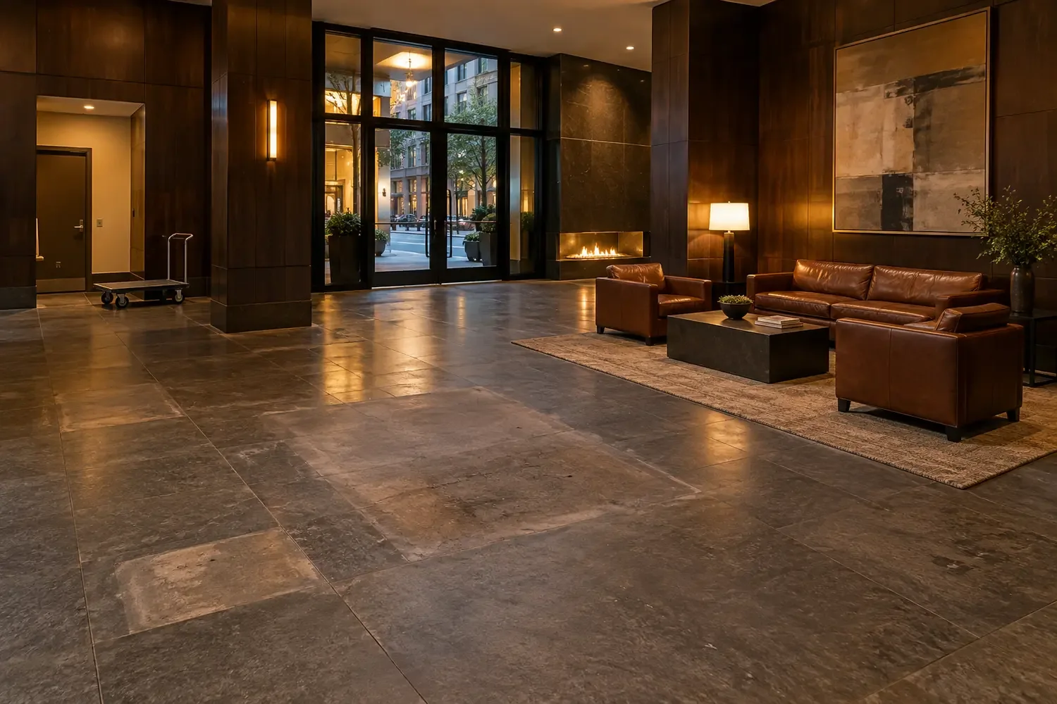 A building lobby with half its lounge chairs removed and the rest still in use