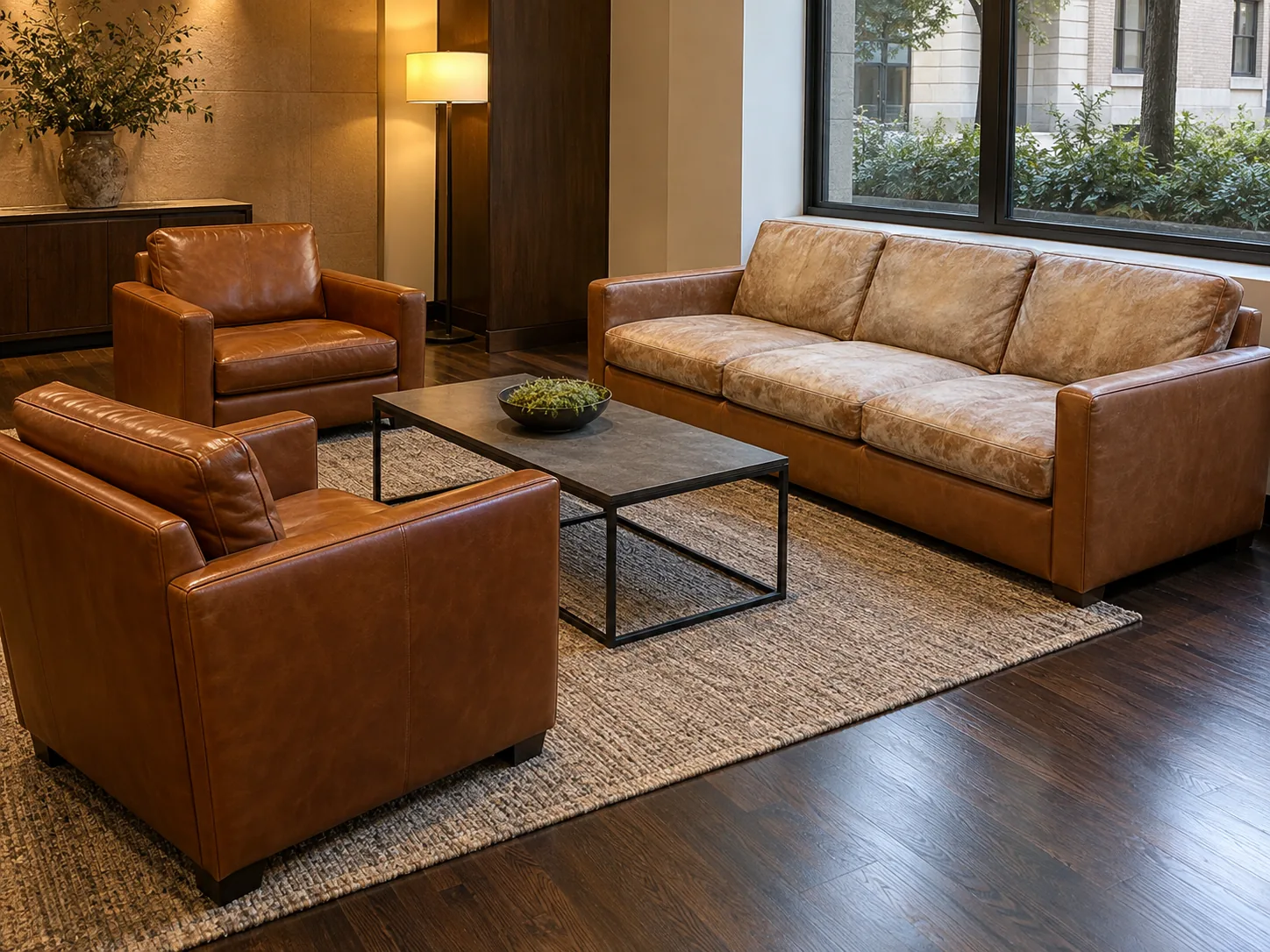 A lobby seating group with one sun-faded piece beside matching darker pieces