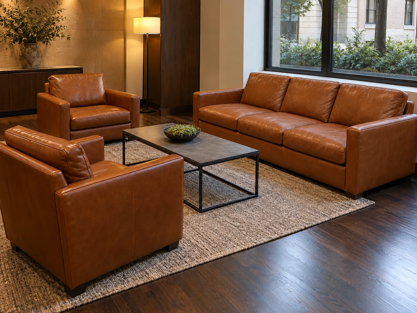 The same lobby seating group after restoration, every piece the same color