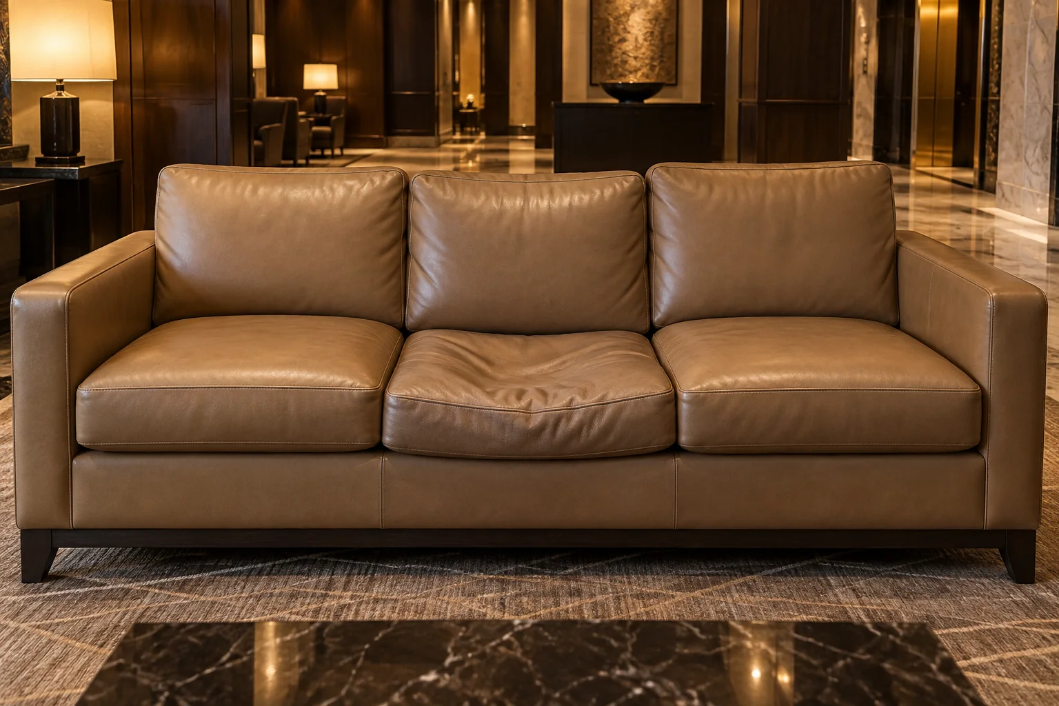 A sagging, collapsed seat cushion on a hotel lobby sofa
