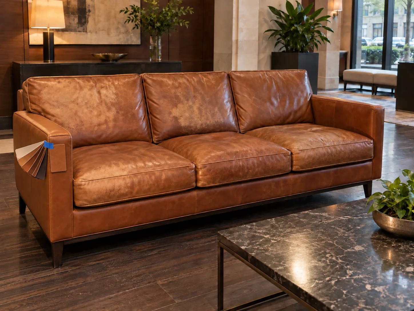 A color card held flat against the sofa arm to match the unfaded panel