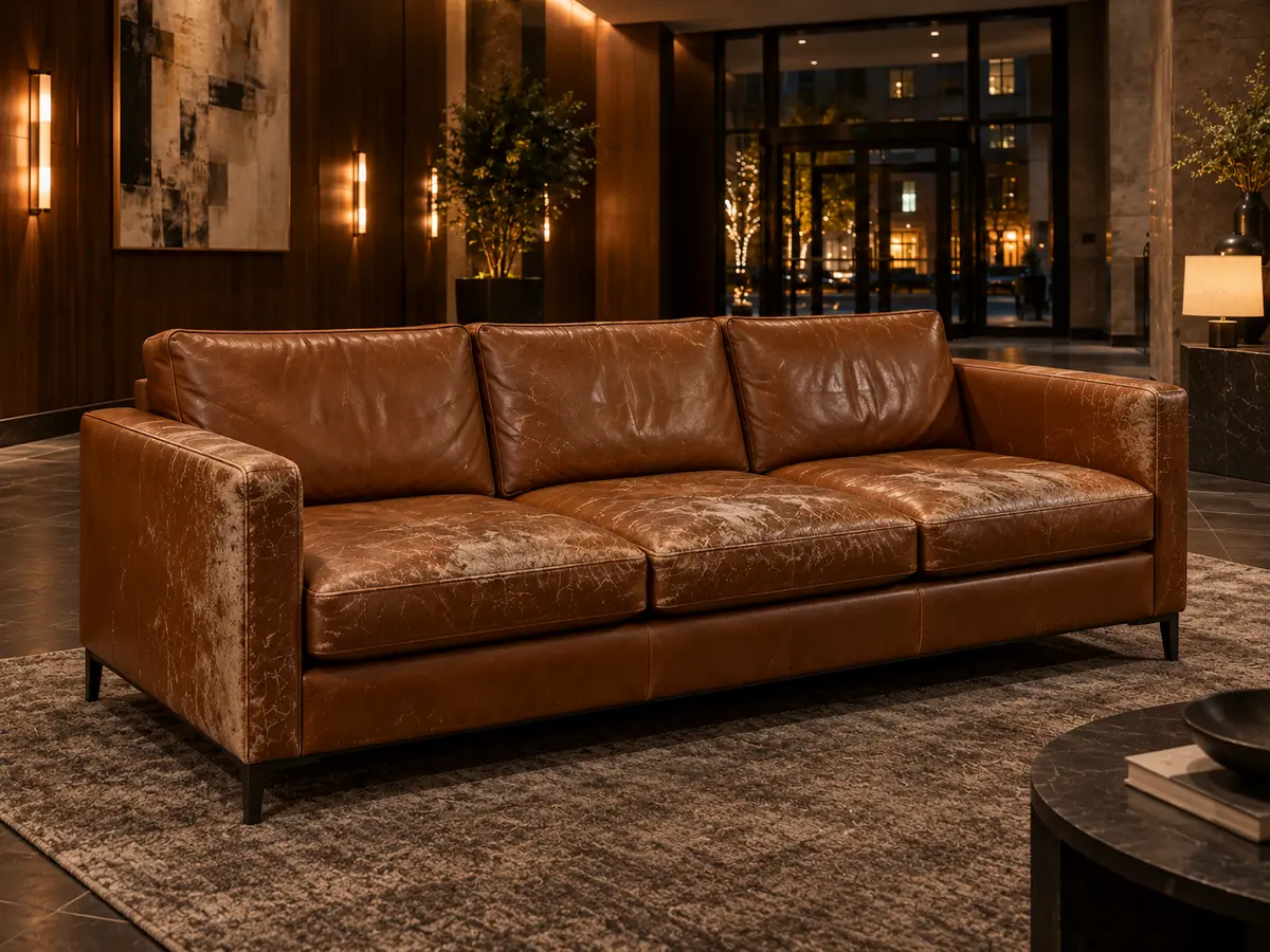 A lobby sofa with worn, cracked surfaces across its seat and arms