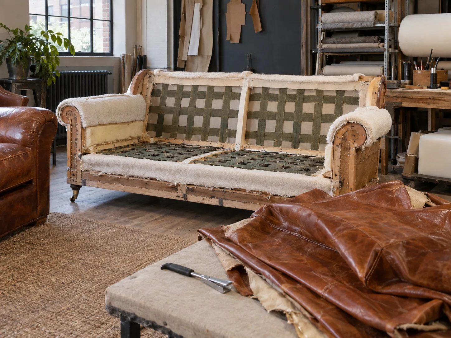 Sofa stripped to its frame for reupholstery