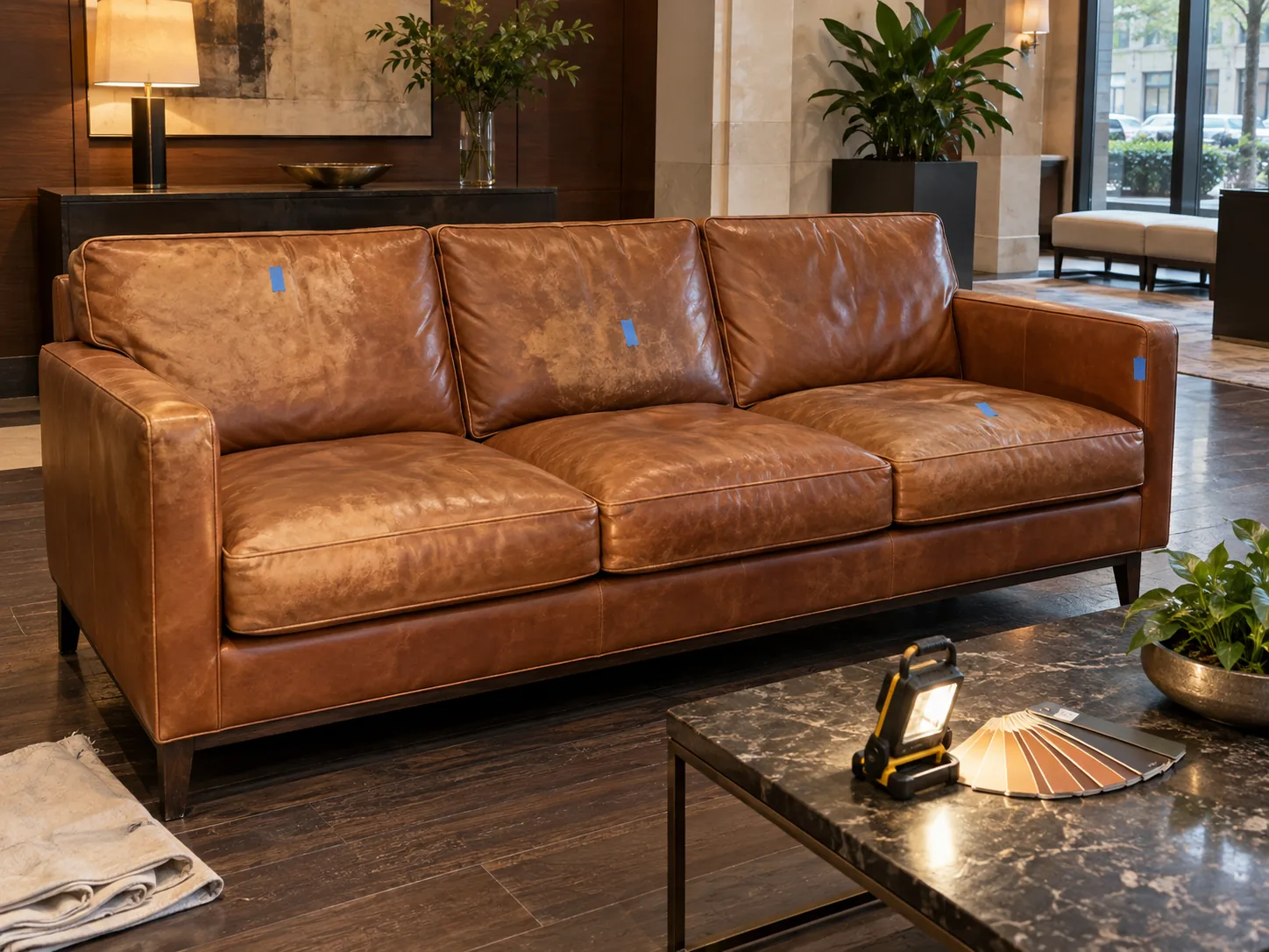A faded cognac lobby sofa with blue tape marking the worst panels