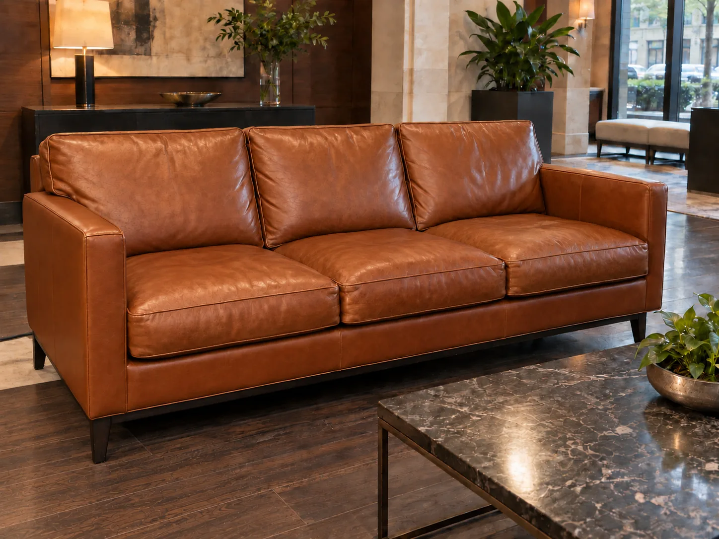 The restored cognac sofa back in place in the lobby