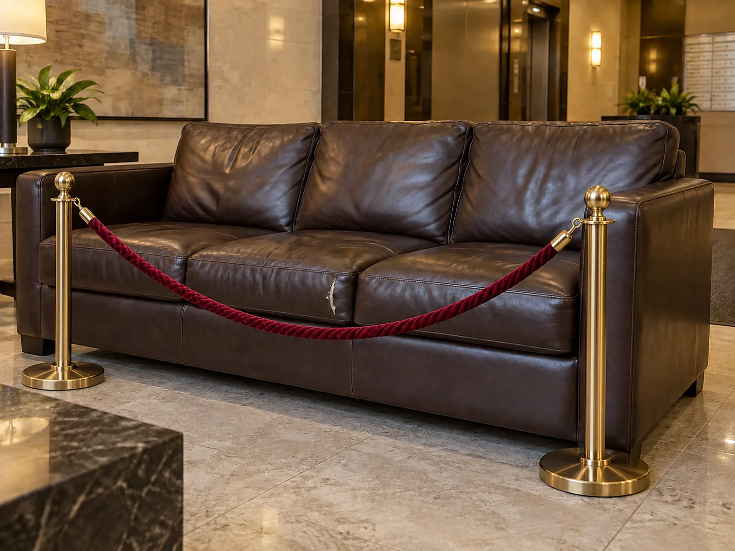 The lobby sofa roped off with small stanchions during the repair
