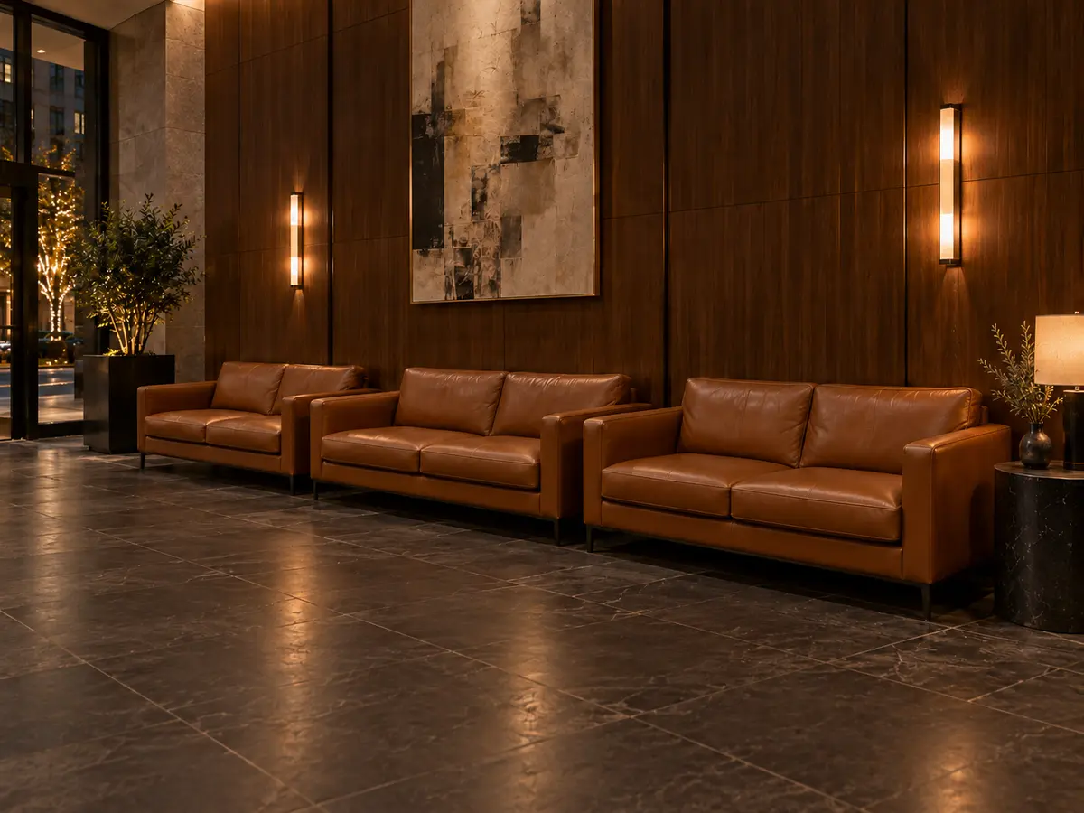 After: the same lobby sofas refurbished and back in place