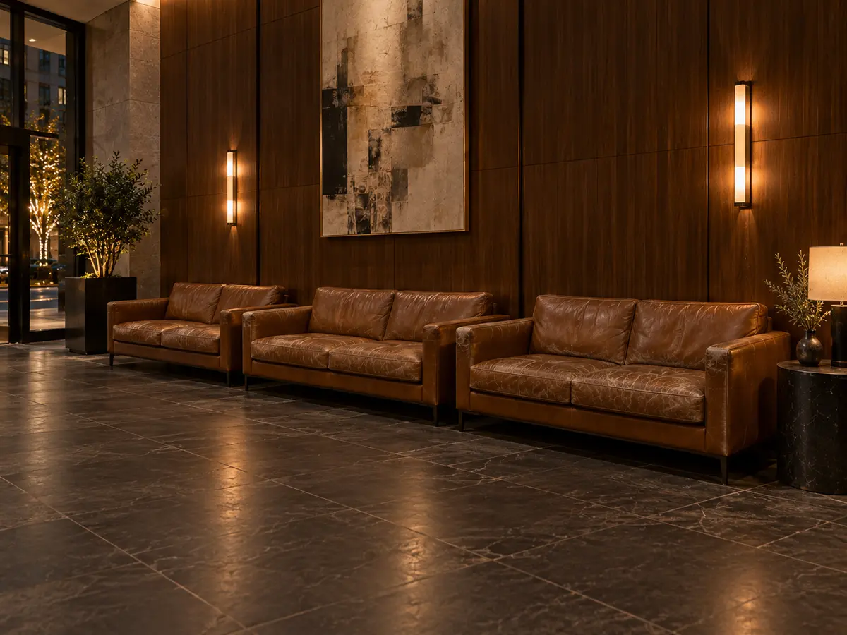 Before: a run of worn leather lobby sofas with faded, cracked seats