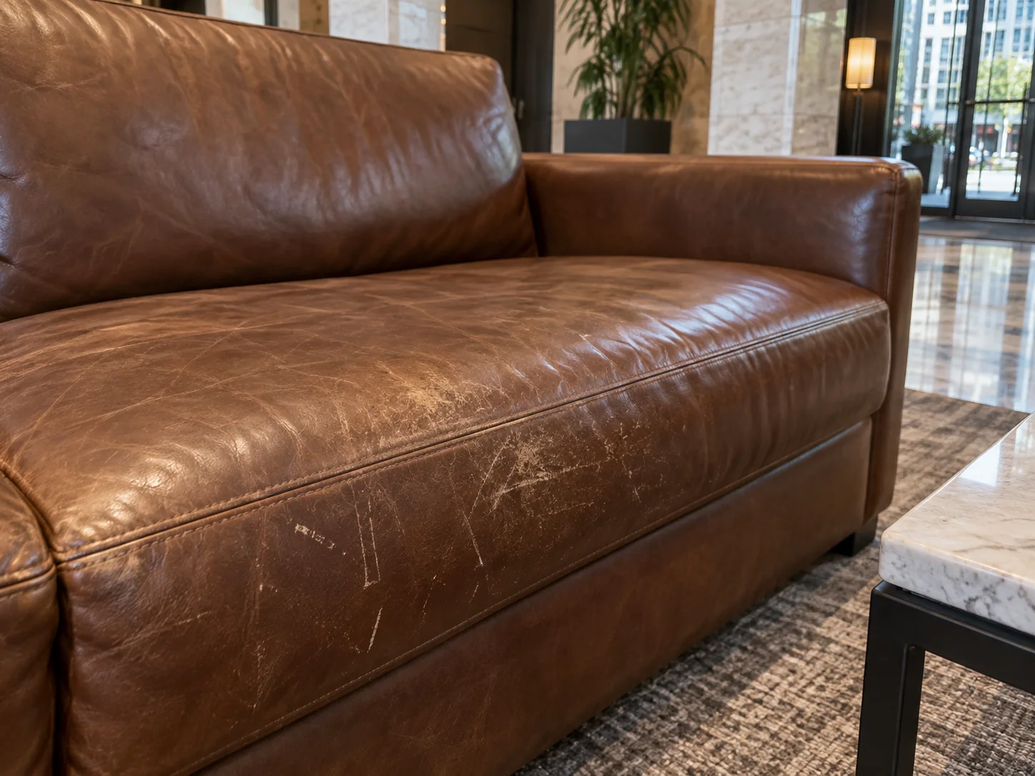 Scratches and scuffs on a leather lobby sofa