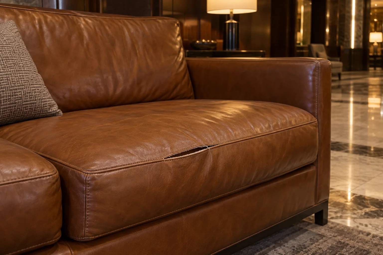 A split seam on a hotel lobby leather sofa cushion