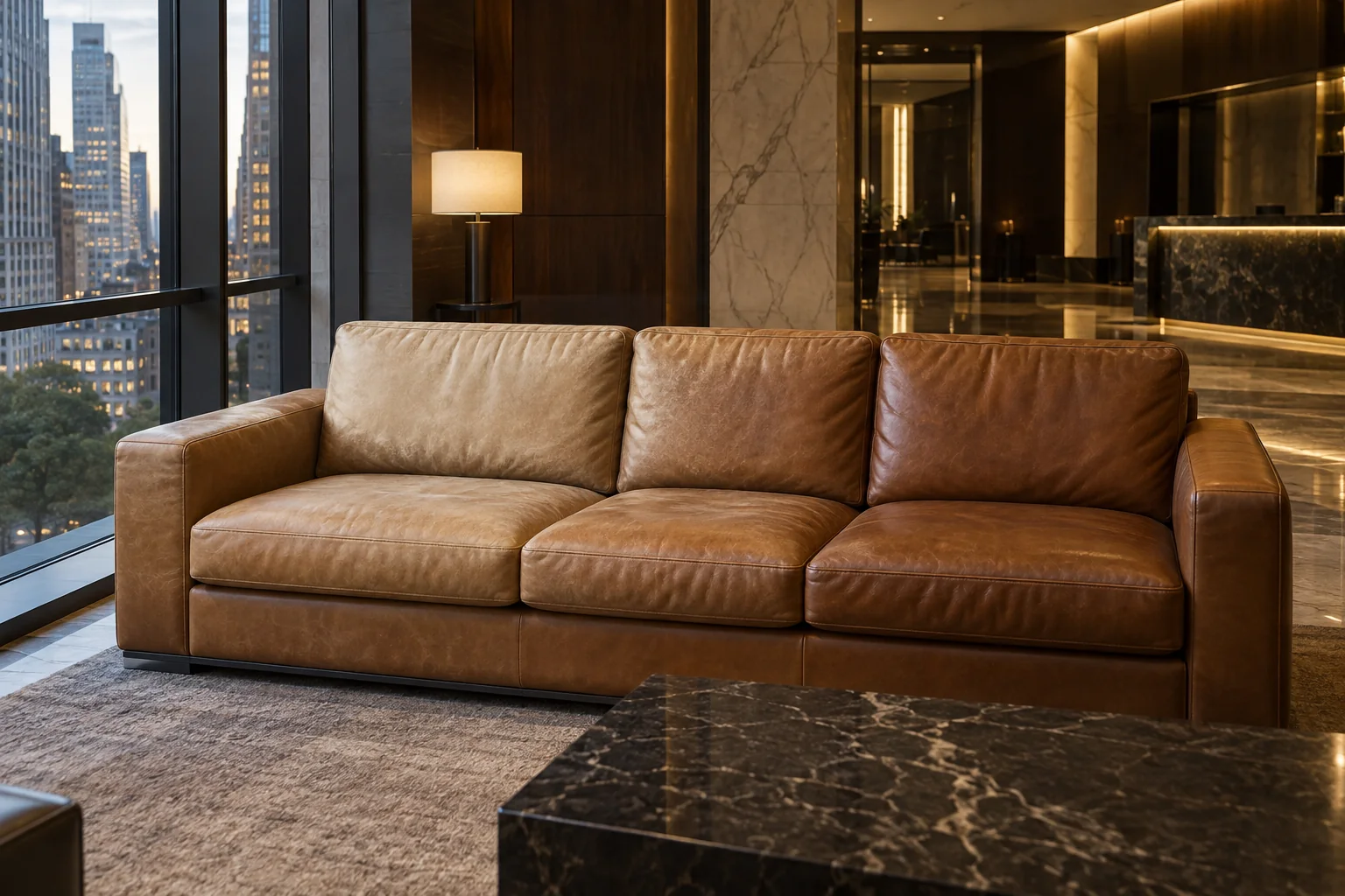 A hotel lobby leather sofa faded by the sun beside a tall window