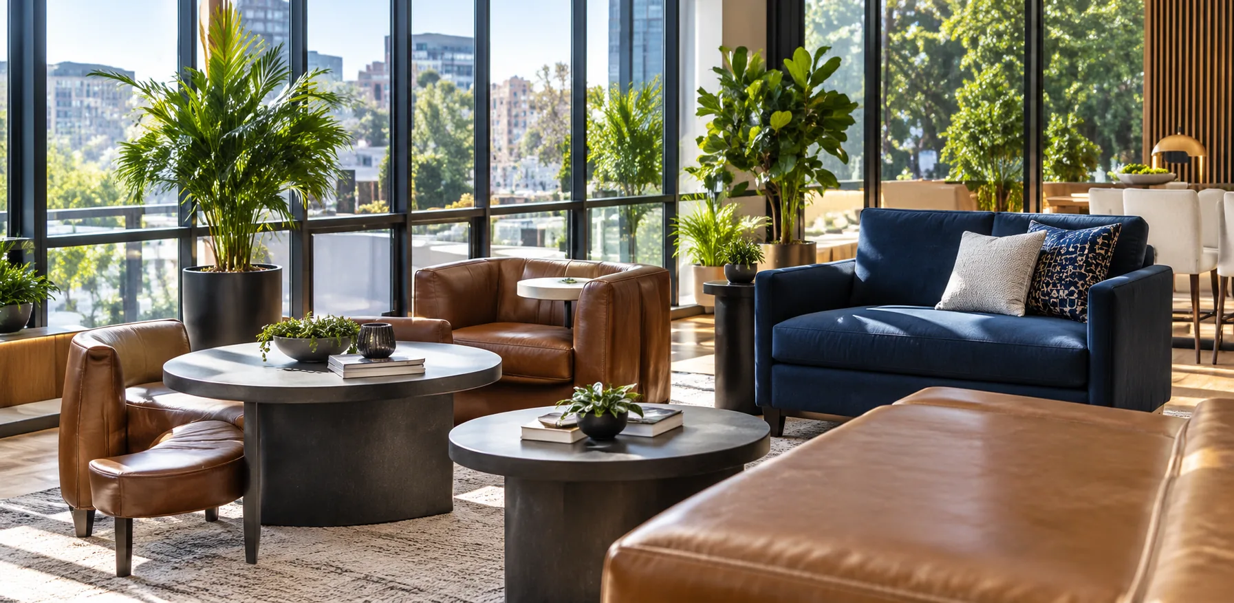 Tan aniline leather seating in a hotel lobby lounge