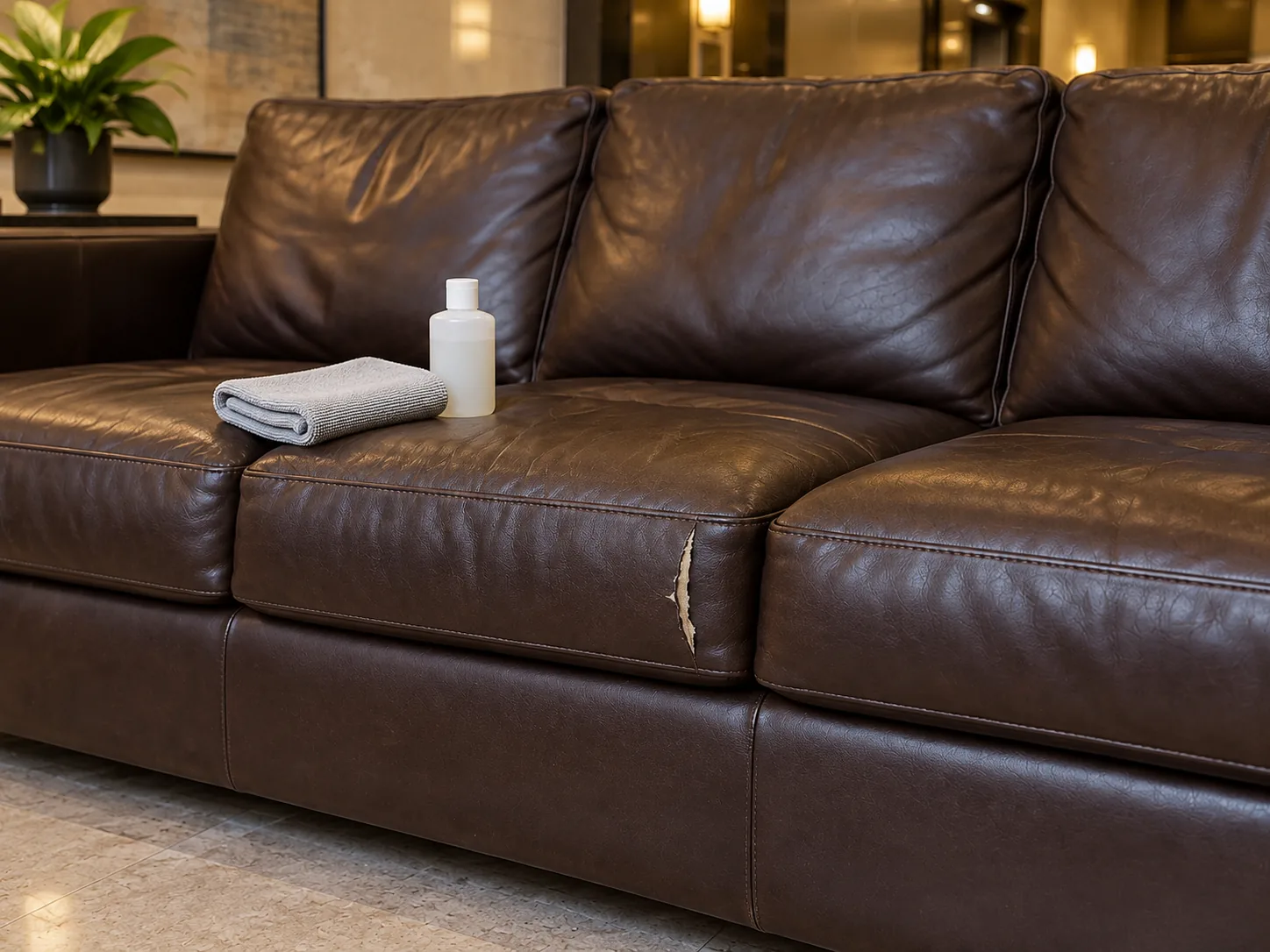 The tear in the sofa cushion cleaned and trimmed