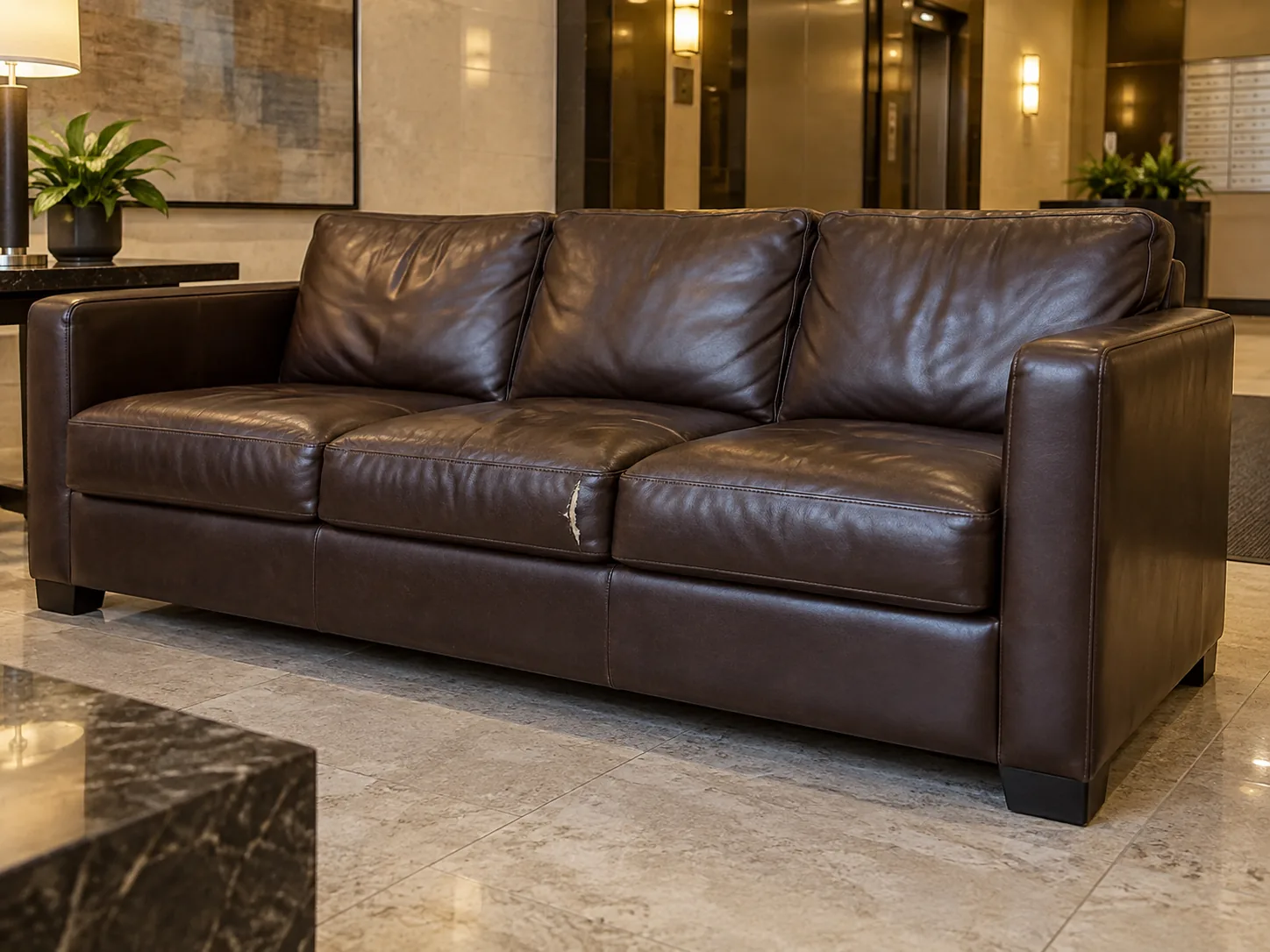 A dark brown leather lobby sofa with a torn seat cushion