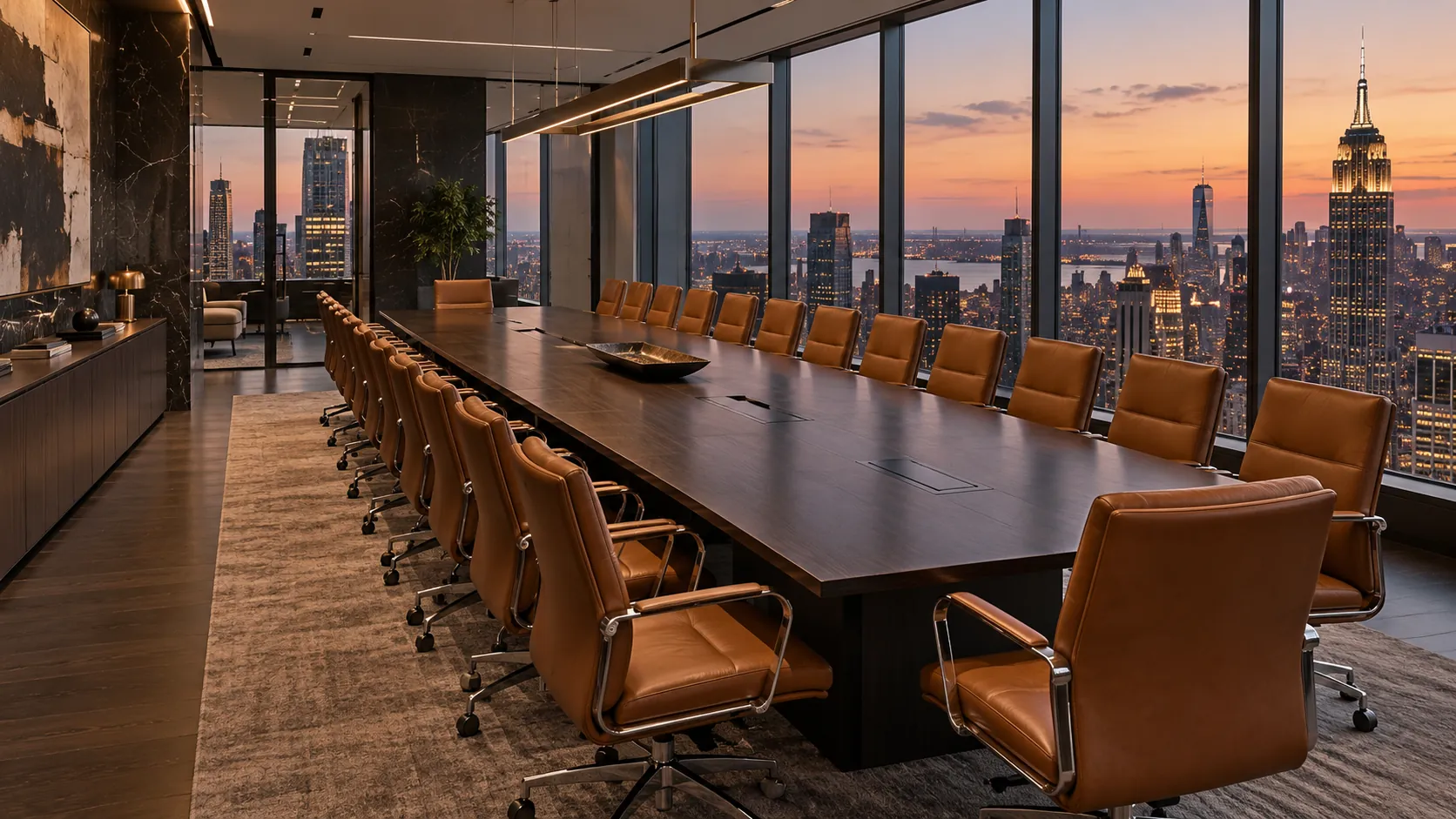 A long boardroom lined with cognac leather chairs at dusk