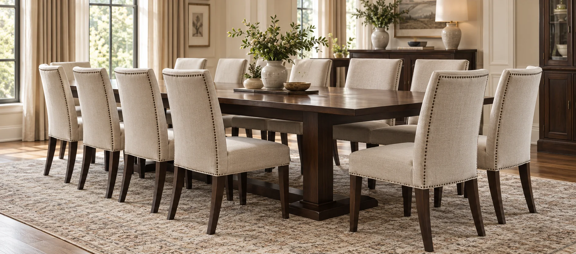 Long walnut dining table surrounded by recovered linen dining chairs