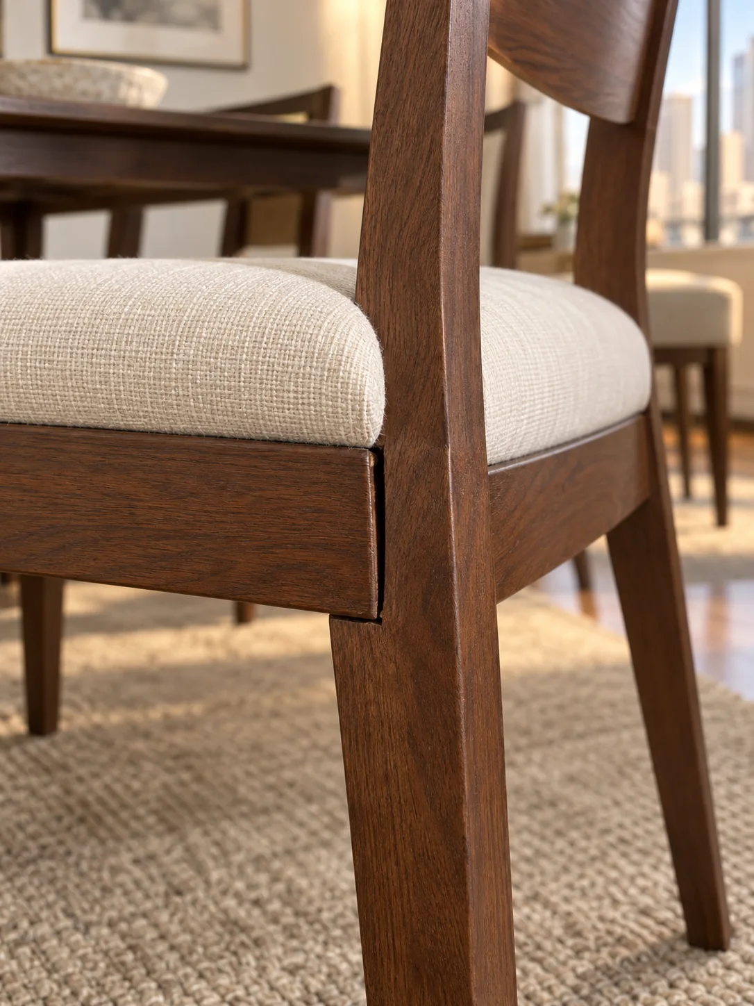 Close-up of a loose wood leg on a dining chair