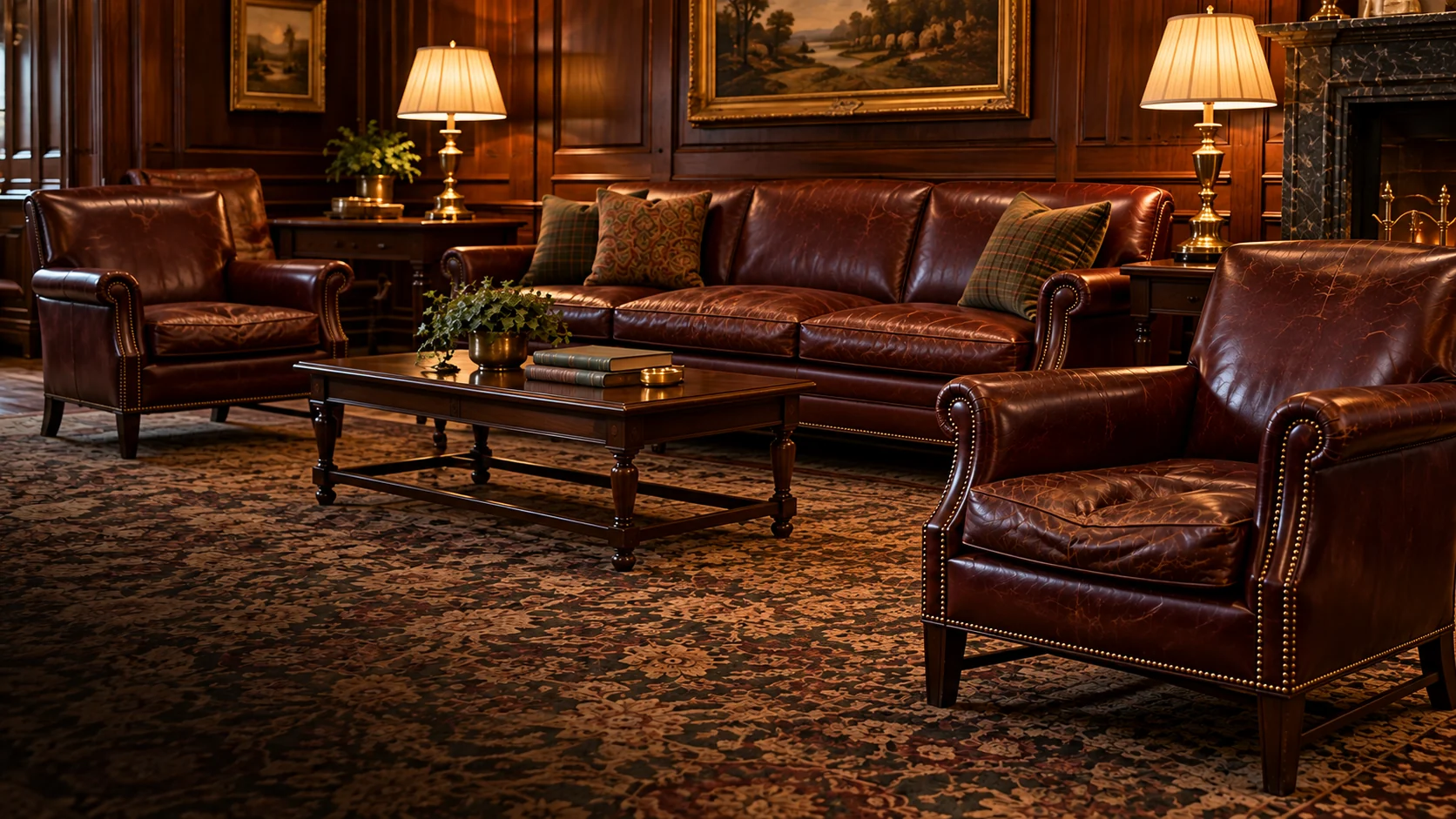 Lounge chair reupholstery — a long leather settee and armchairs in a clubhouse lounge