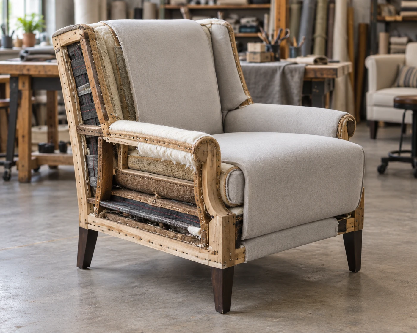Lounge chair stripped to its frame in the upholstery workshop
