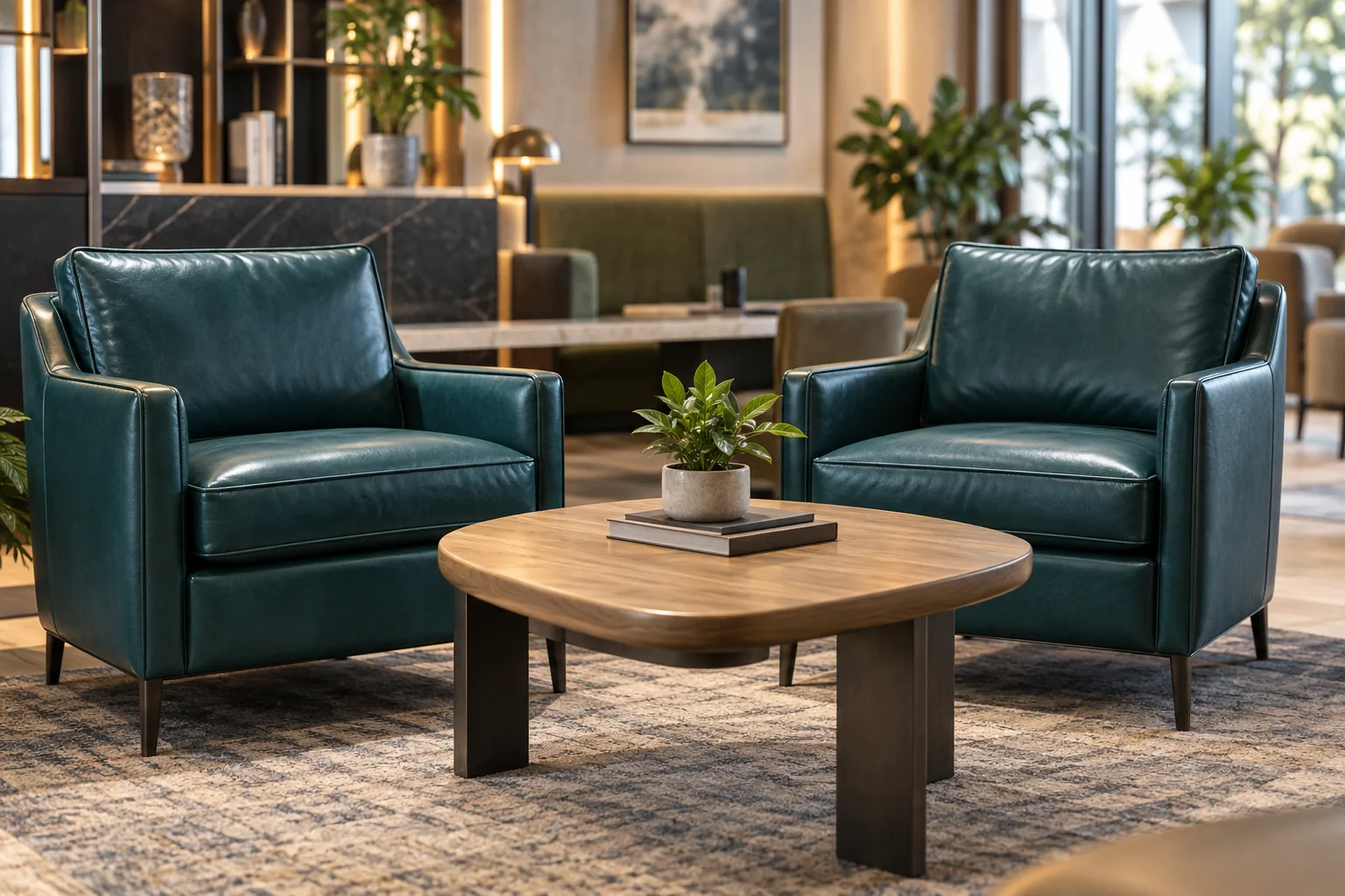 Teal leather lounge chairs in a commercial seating area