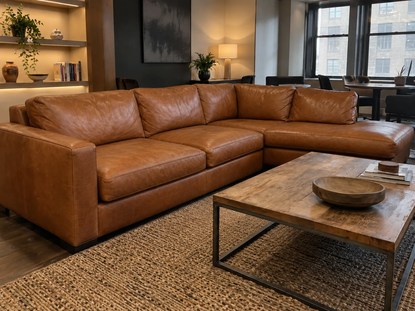 The same leather sectional after full reupholstery