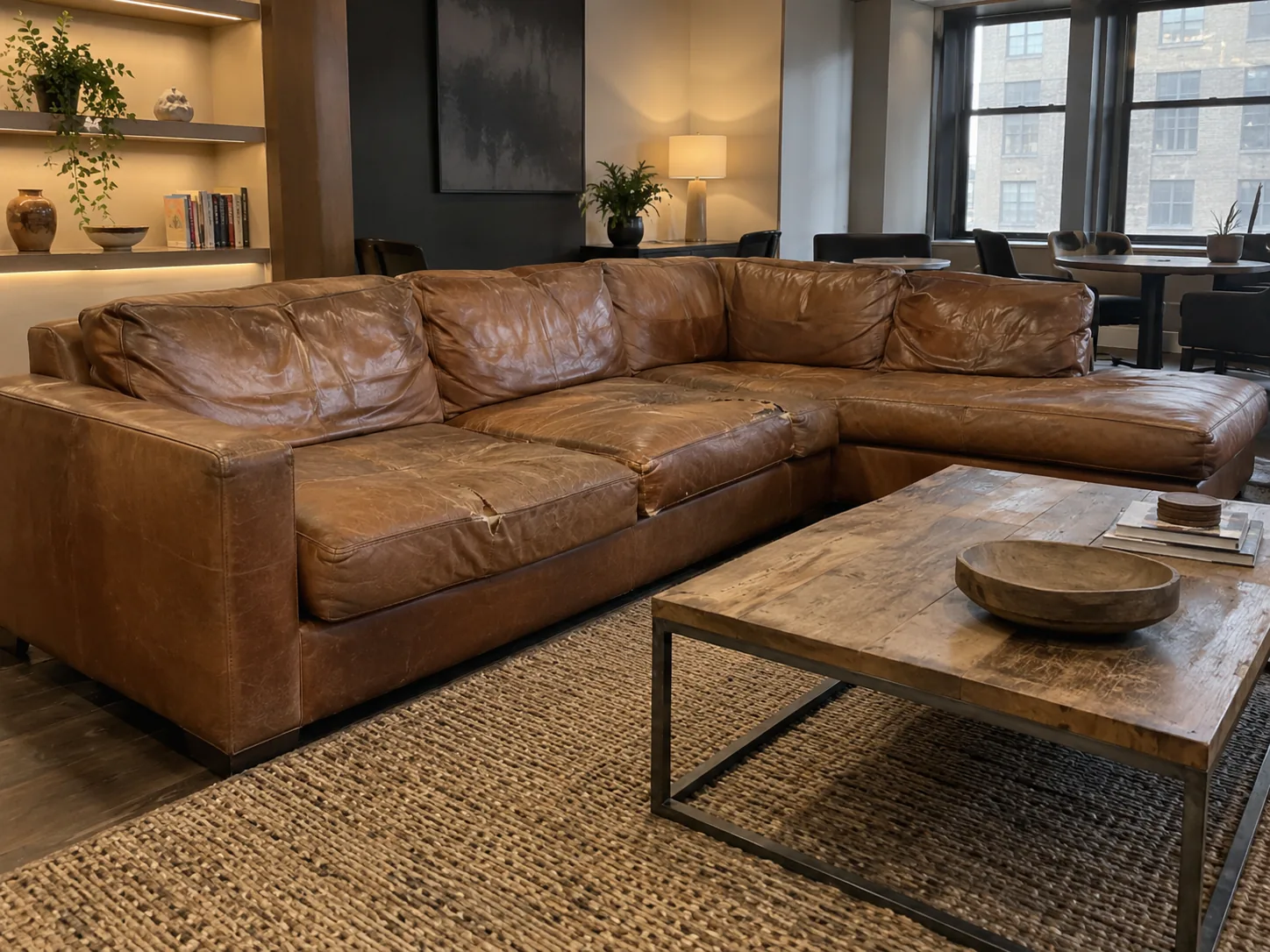 Leather sectional worn and split across every cushion