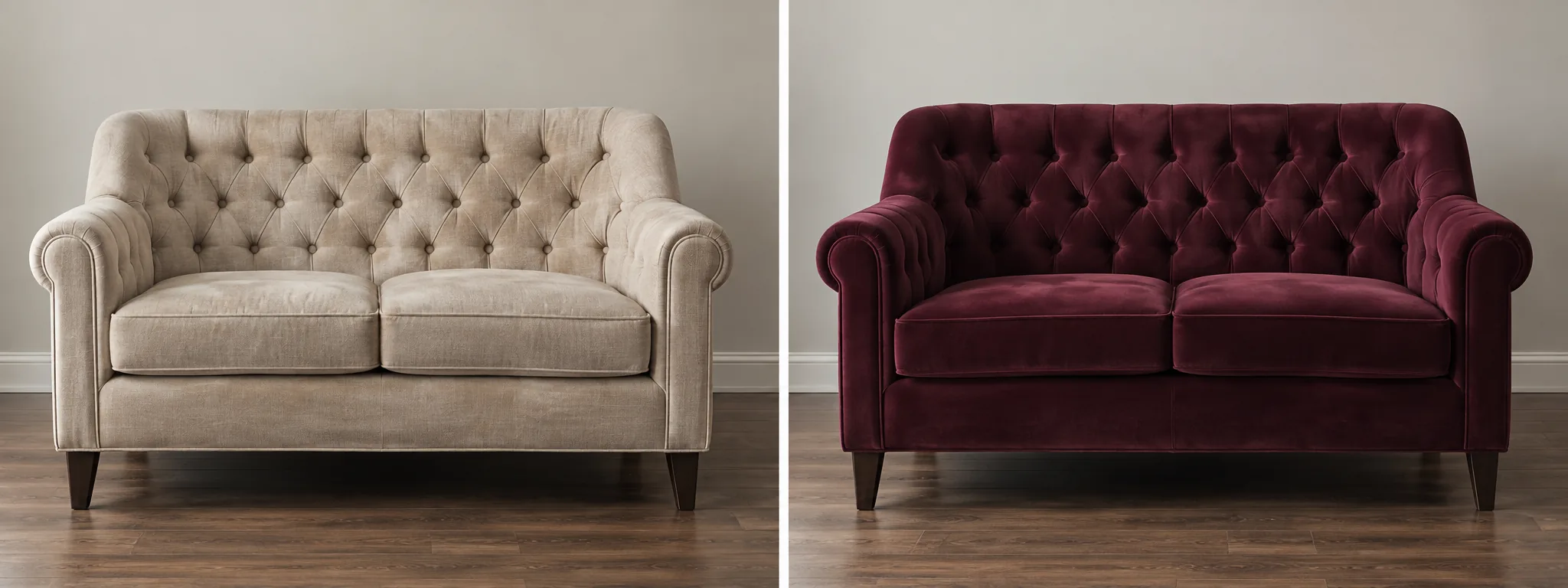 Tufted loveseat before and after velvet reupholstery