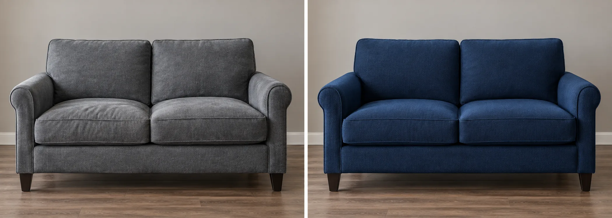 Loveseat before and after fabric reupholstery