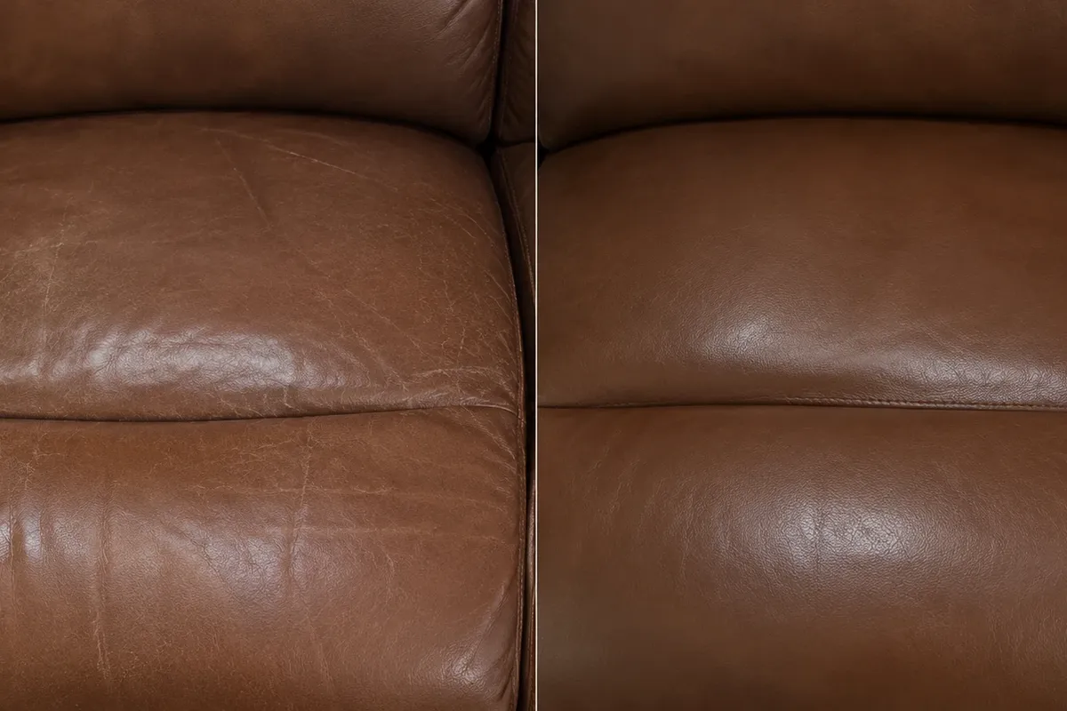 Close view of a brown leather loveseat seat before and after repair, scratches and hard creases levelled out