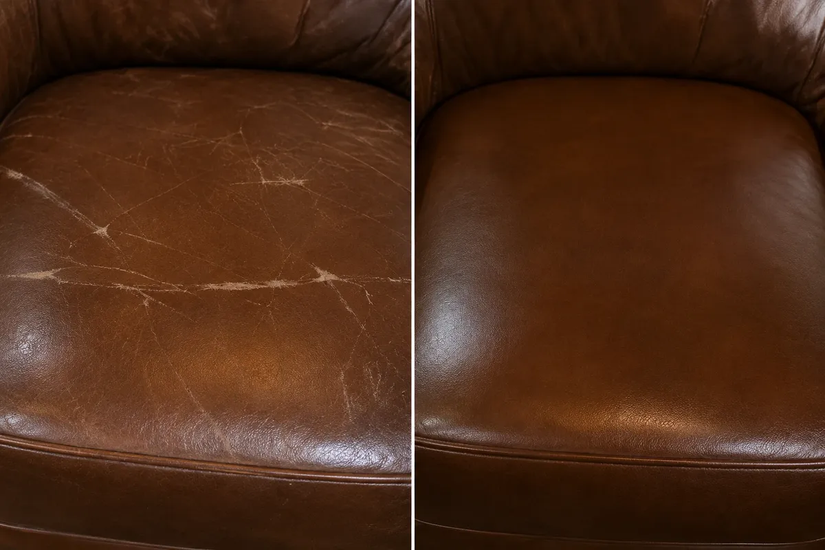 Tan leather sofa cushion with several pale scratch lines before repair and a clean surface after