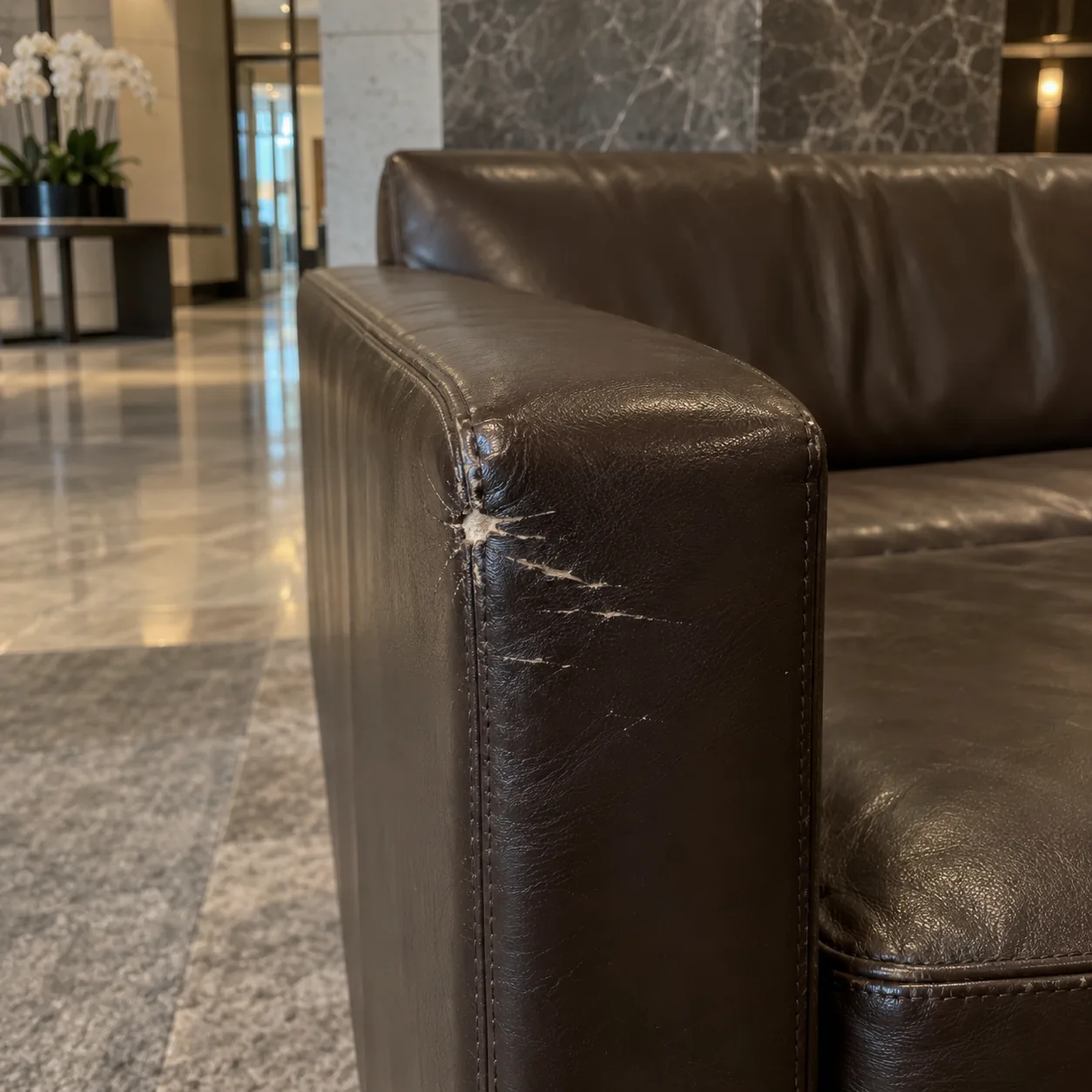 A leather sofa arm scuffed by a luggage cart