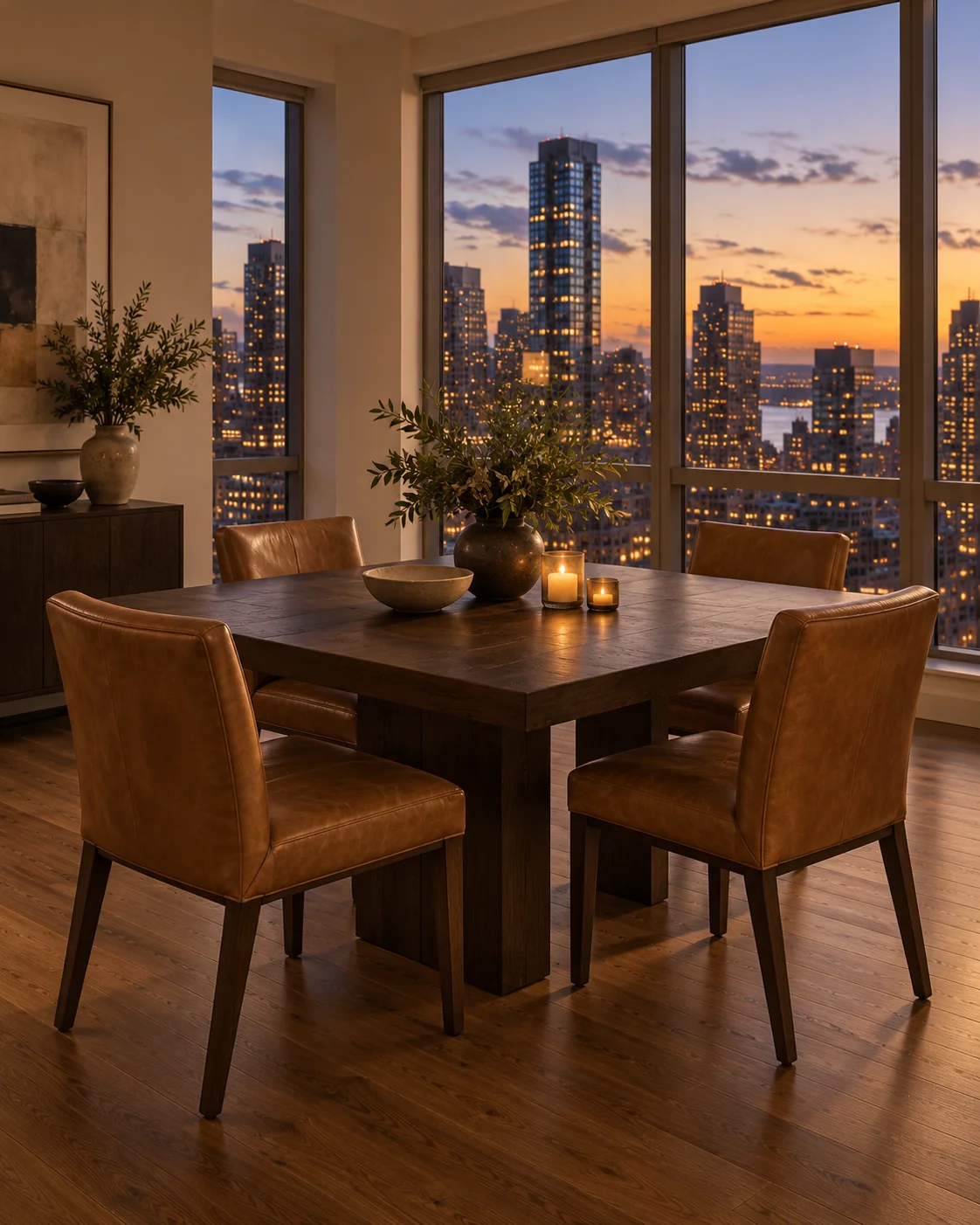 Leather dining chairs around a table in a luxury apartment