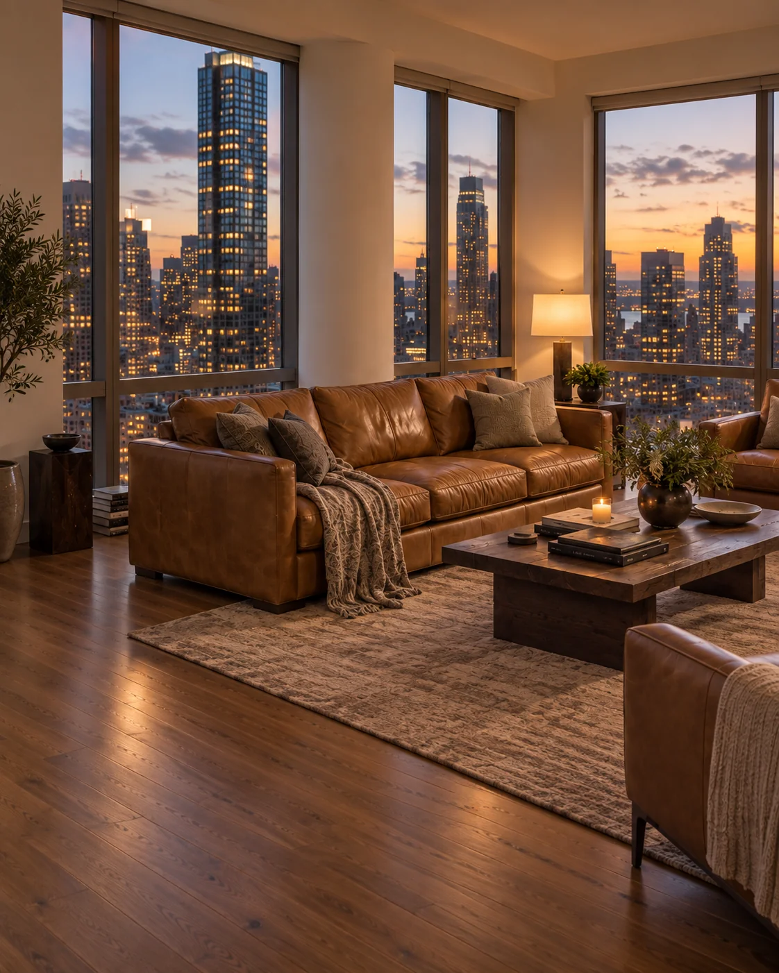 Leather sofa in a high-rise apartment with tall windows