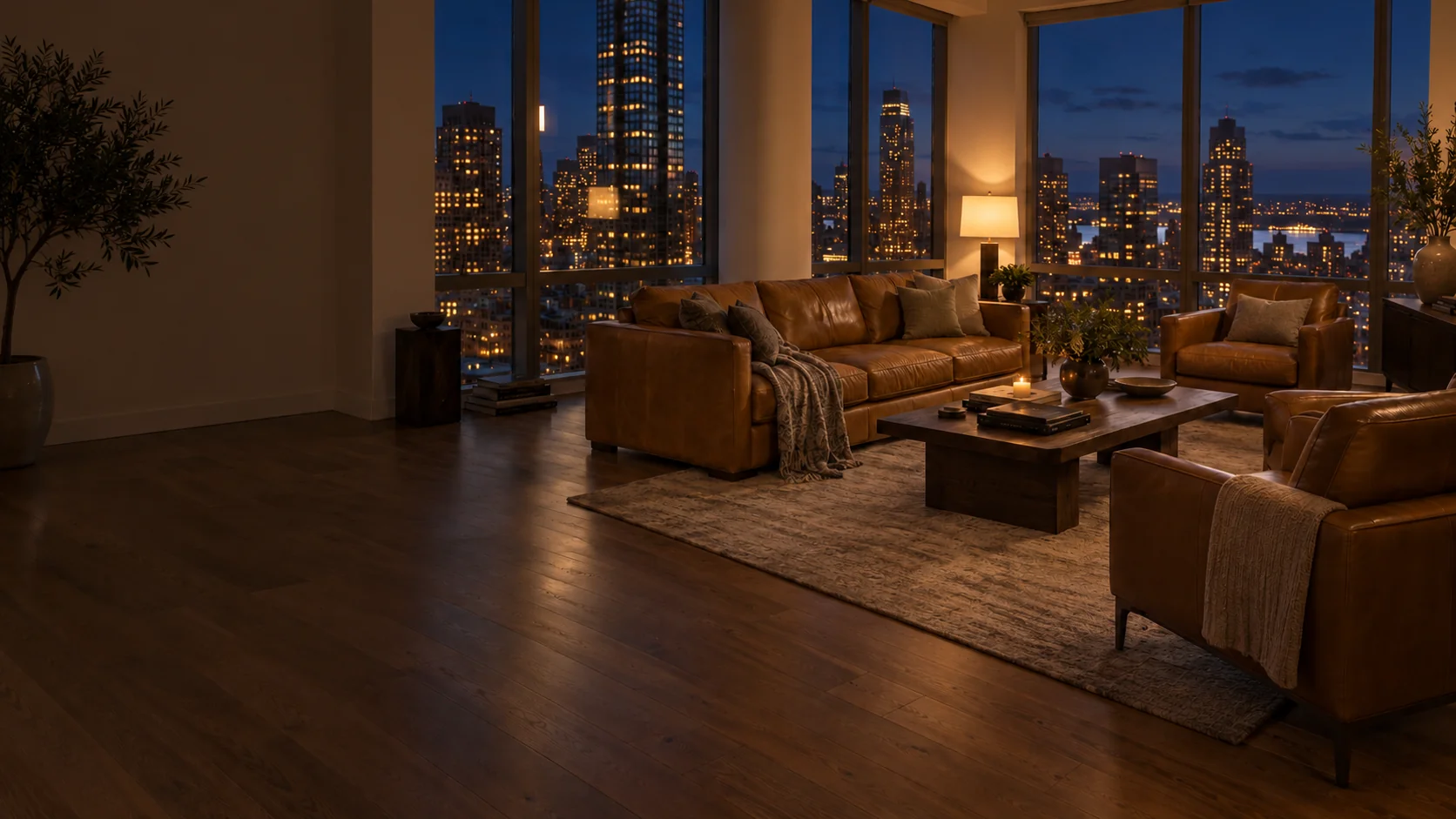 Leather living room at night with the skyline