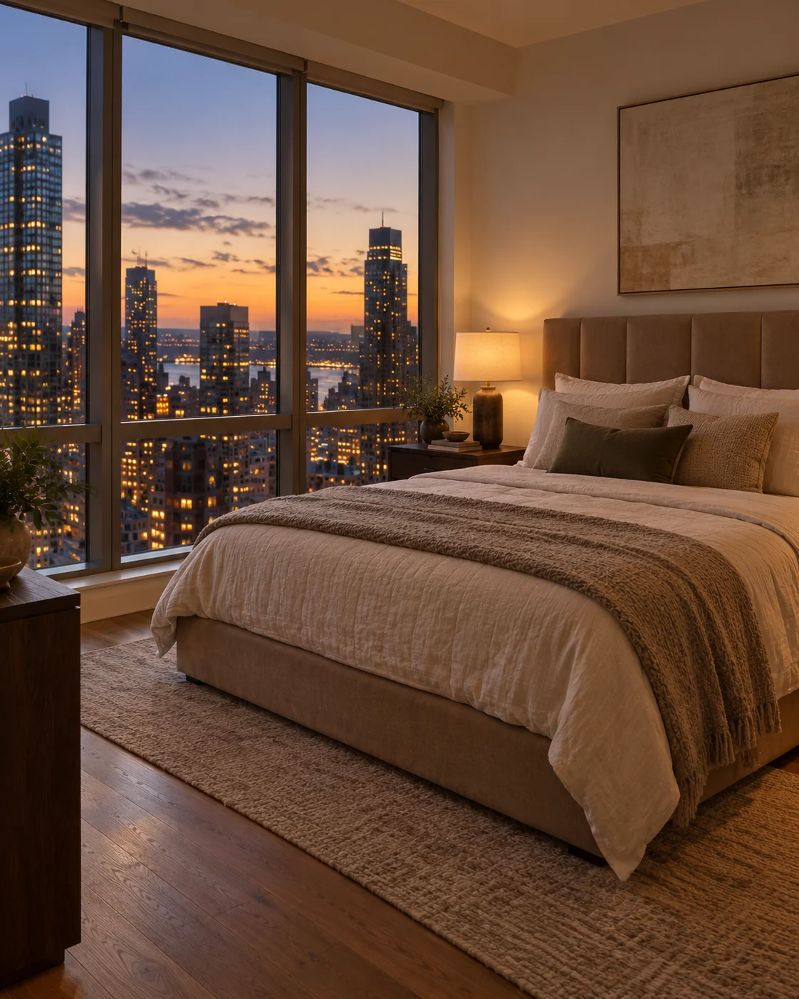 An upholstered headboard in a luxury apartment bedroom
