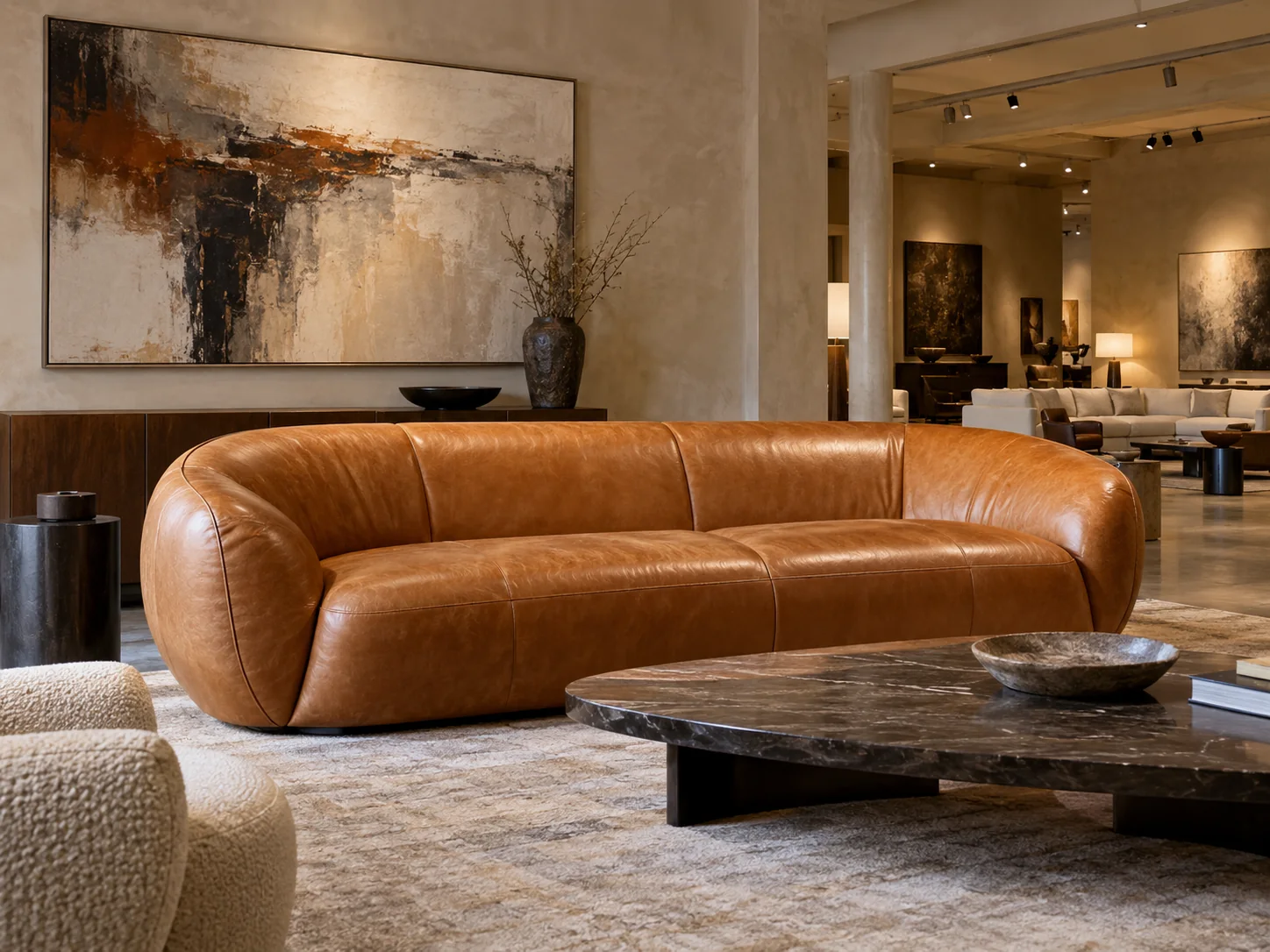 A luxury furniture gallery with a leather sofa on display